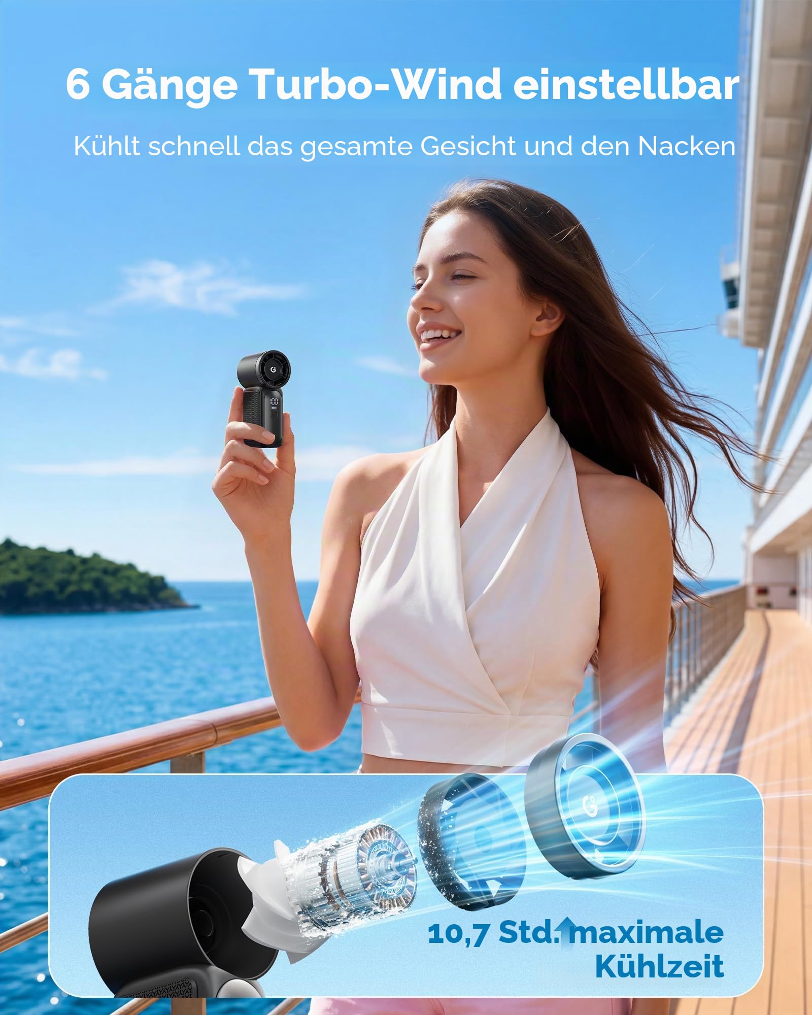 Gaiatop Tragbarer Mini-Handventilator, 6 Geschwindigkeiten, 16900 U/min, hohe Geschwindigkeit, persönlicher Ventilator mit LED-Display, USB-wiederaufladbar, Mini-Ventilator mit Umhängeband für Make-up