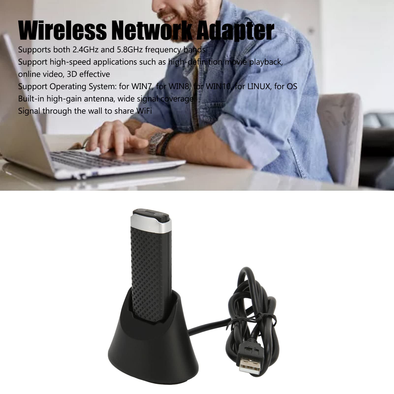 Bezprzewodowa karta sieciowa 1200M, dwa pasma częstotliwości 2.4Ghz 867MB/s 5.8Ghz 300MB/s, wbudowana antena o dużym zysku, współdzielony WIFI USB 3.0, technologia 11AC dla Windows