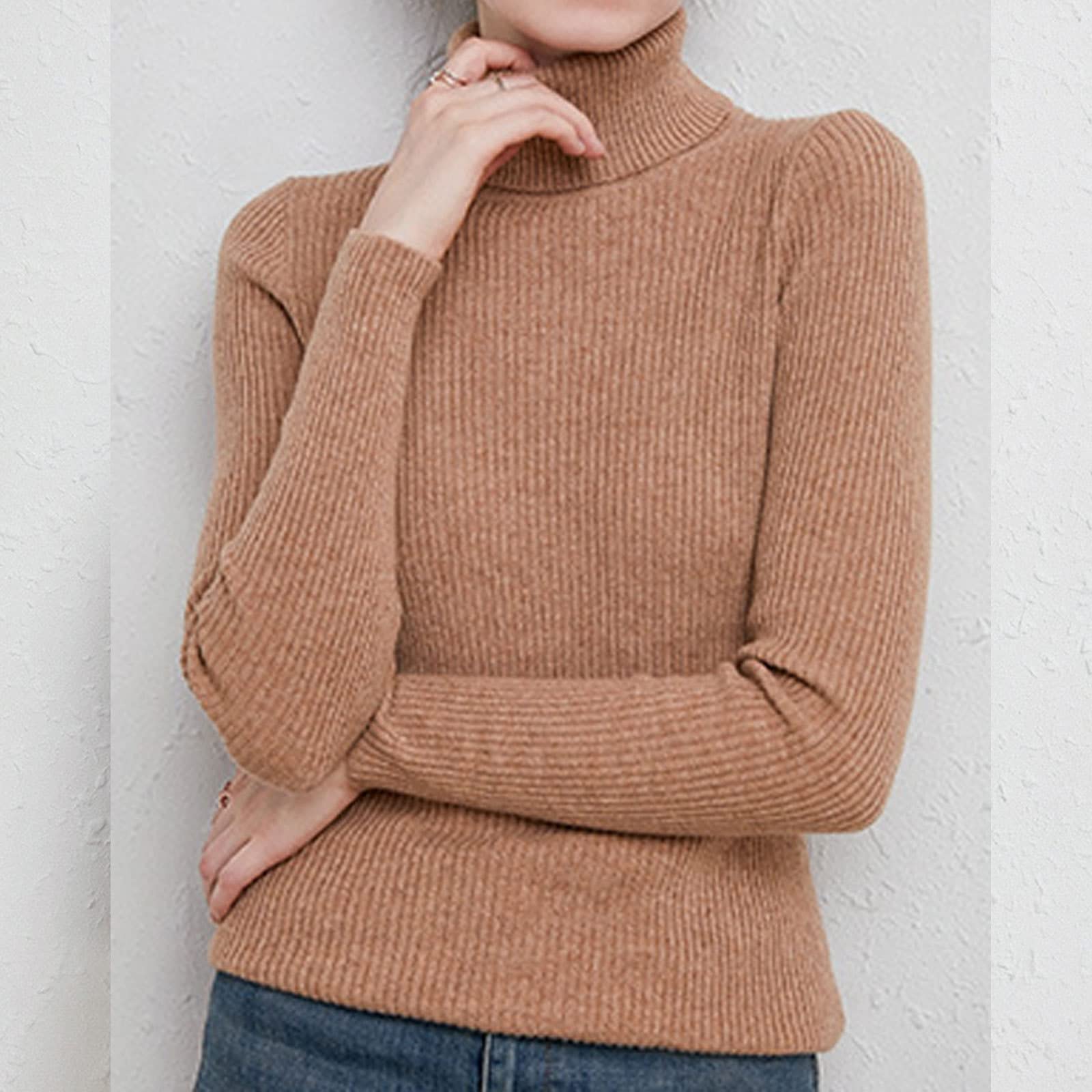 EMDPBD Sweter damski golf, dzianinowy sweter z długim rękawem ciepły sweter na co dzień ciepły dzianinowy sweter topy, złoty wielbłądzi XL