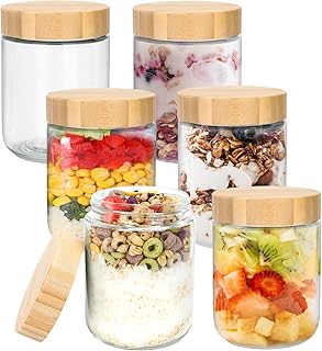 Lot de 6 Overnight Oats Jar 500ml Bocaux en Verre Hermétique,Pot Yaourt Avoine en Verre avec Couvercle en Bois à Vis Scellés,Meal Prep Containers pour la Préparation des Repas,Yaourt,Céréales
