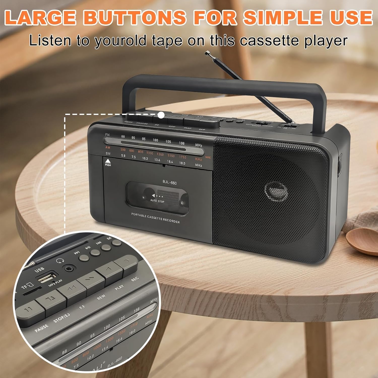 Kassettenspieler Bluetooth Boombox, Tape Recorder AM/FM/SW Radio Stereo Tape Player/Recorder mit großem Lautsprecher und Kopfhöreranschluss, USB/TF/MP3 Tapes Player AC betrieben oder