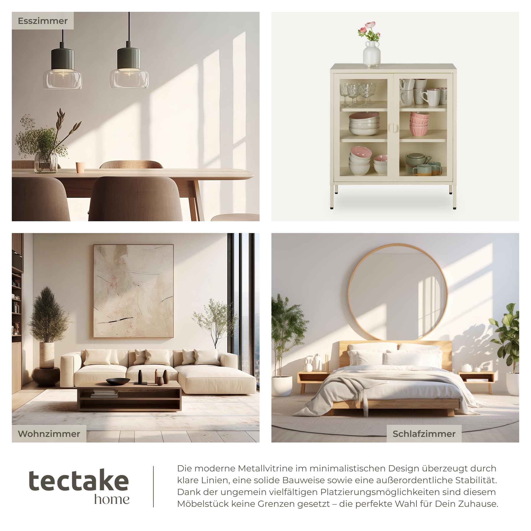 tectake® Metallvitrine 80x37x90,5 cm, Magnetverschluss, verstellbare Zwischenböden, Kippschutz, verglaste Front, Metall-Ausstellungsvitrine, Metall-Glasvitrine, Metallschrank, Displayvitrine - Creme