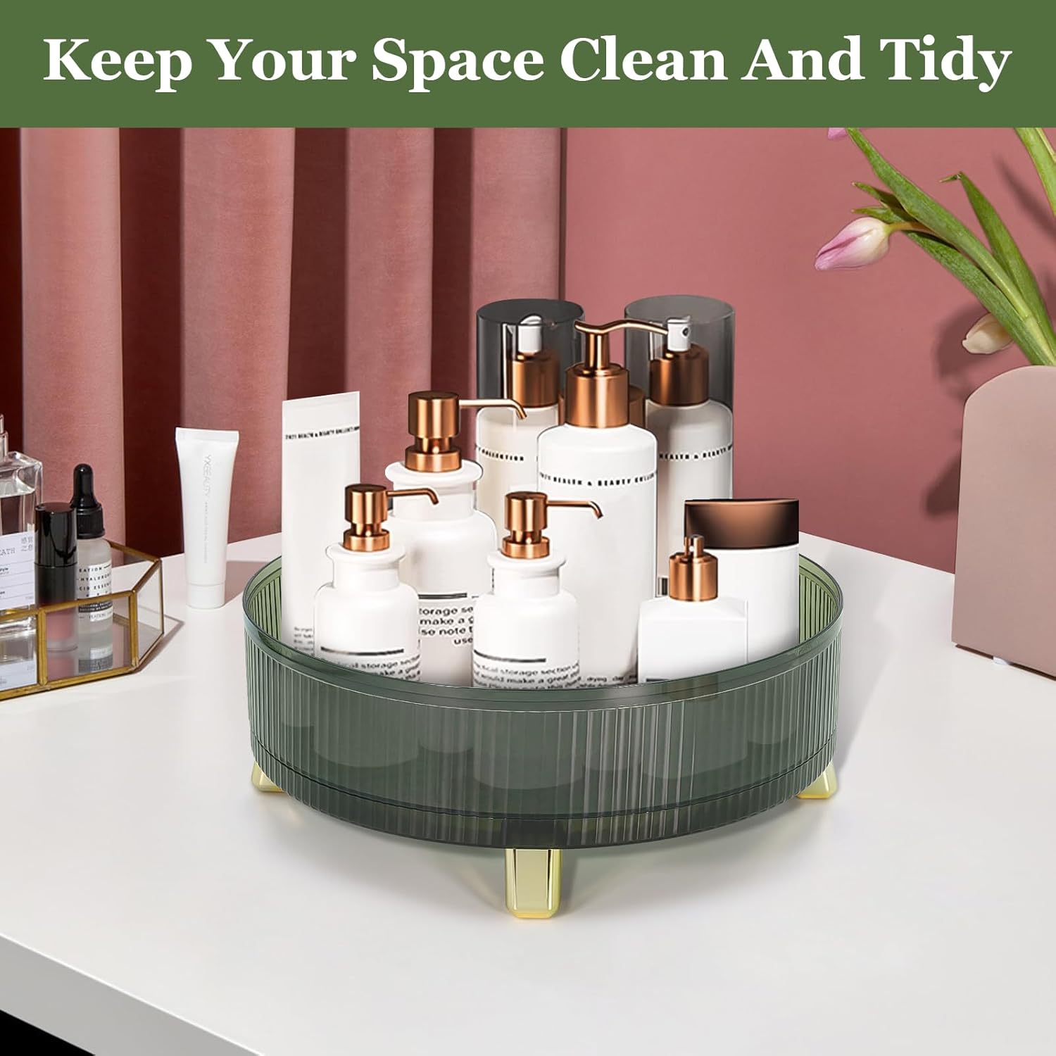 Acrylic Lazy Susan Organizer, 11" Turntable Organizer for Kitchen Cabinet Tabletop Bathroom, Smooth Rotating Acrylic Turntable Organizer for Dining Table Pantry Spice Rack (Green)