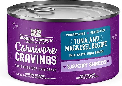 Stella & Chewy's Carnivore Cravings Savory Shreds Latas - Alimento húmedo para gatos sin granos, rico en proteínas, receta de atún y caballa
