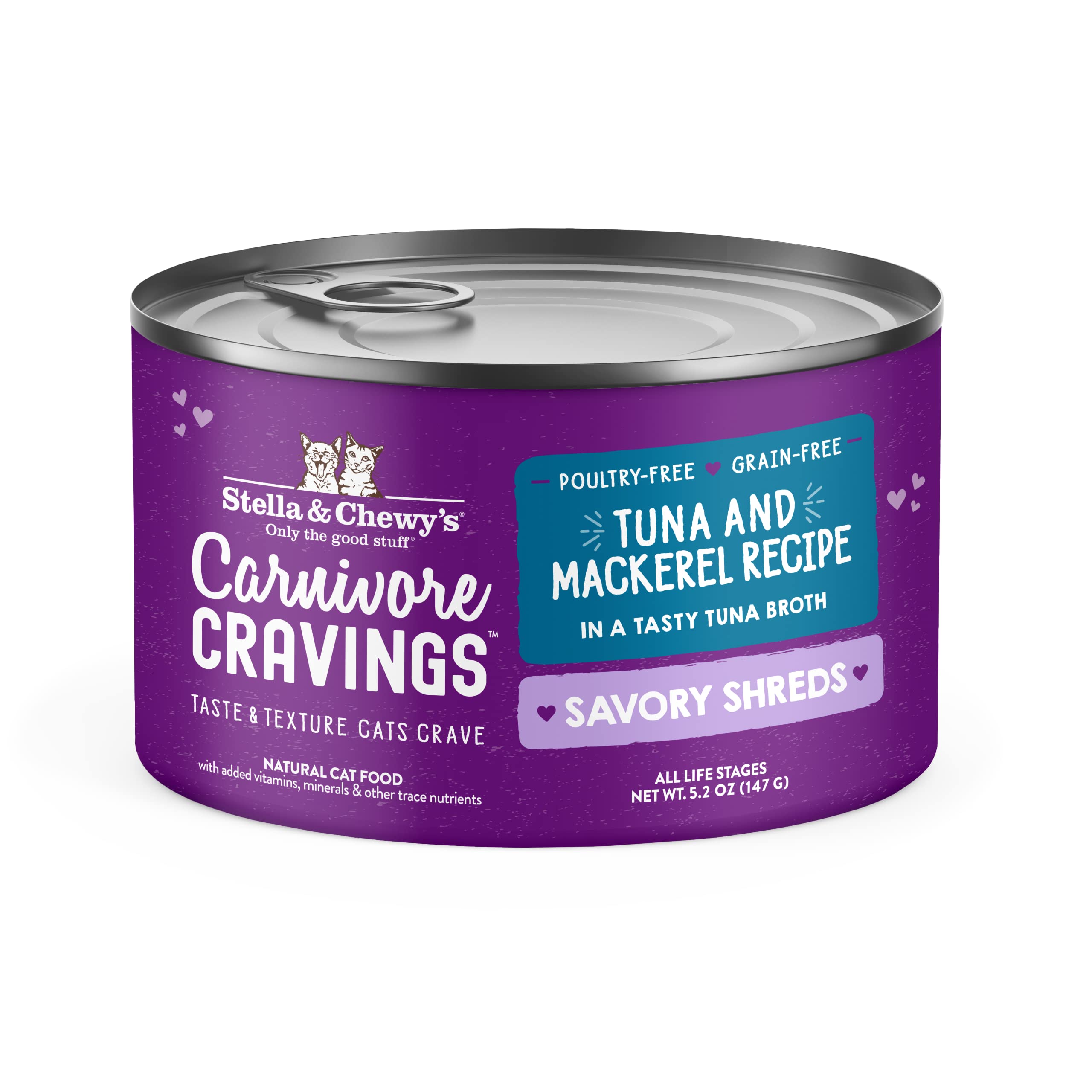 (BBE Jan 12 2025) Stella & Chewys Carnivore Cravings Savory Shreds Cans Grain Free, Protein Rich Wet Cat Food Wild-Caught Tuna & Mackerel Recipe (5.2 Ounce Cans, Case of 8)