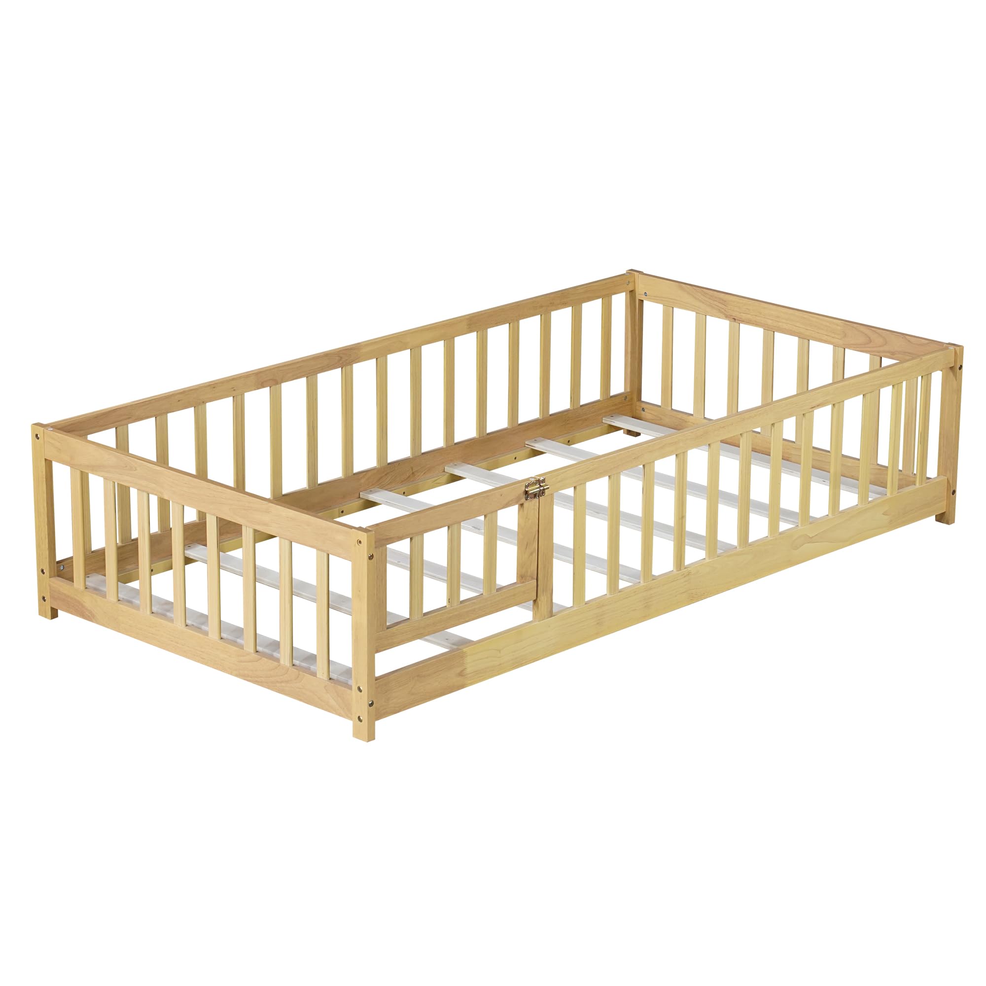 Twin Floor Bed with Slats and Door, Twin Size Montessori Floor Bed with Fence