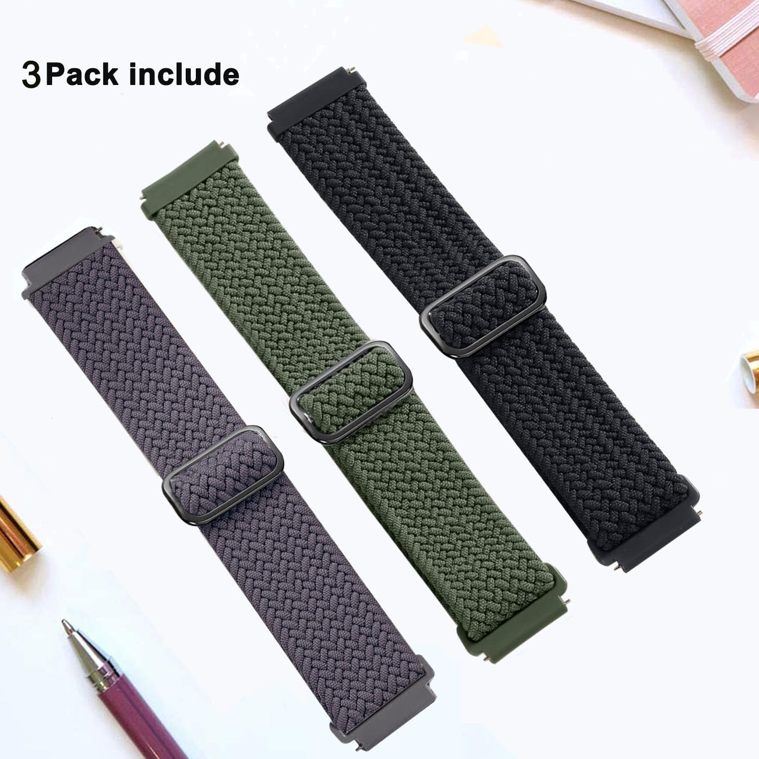 ViCRiOR Paquete de 3 correas elásticas trenzadas para reloj compatibles con Amazfit Bip 5/GTR 4/GTR 3 Pro/GTR 3/GTR 2/GTR 2e/GTR de 47 mm, correa elástica de nailon de 22 mm para Amazfit Cheetah