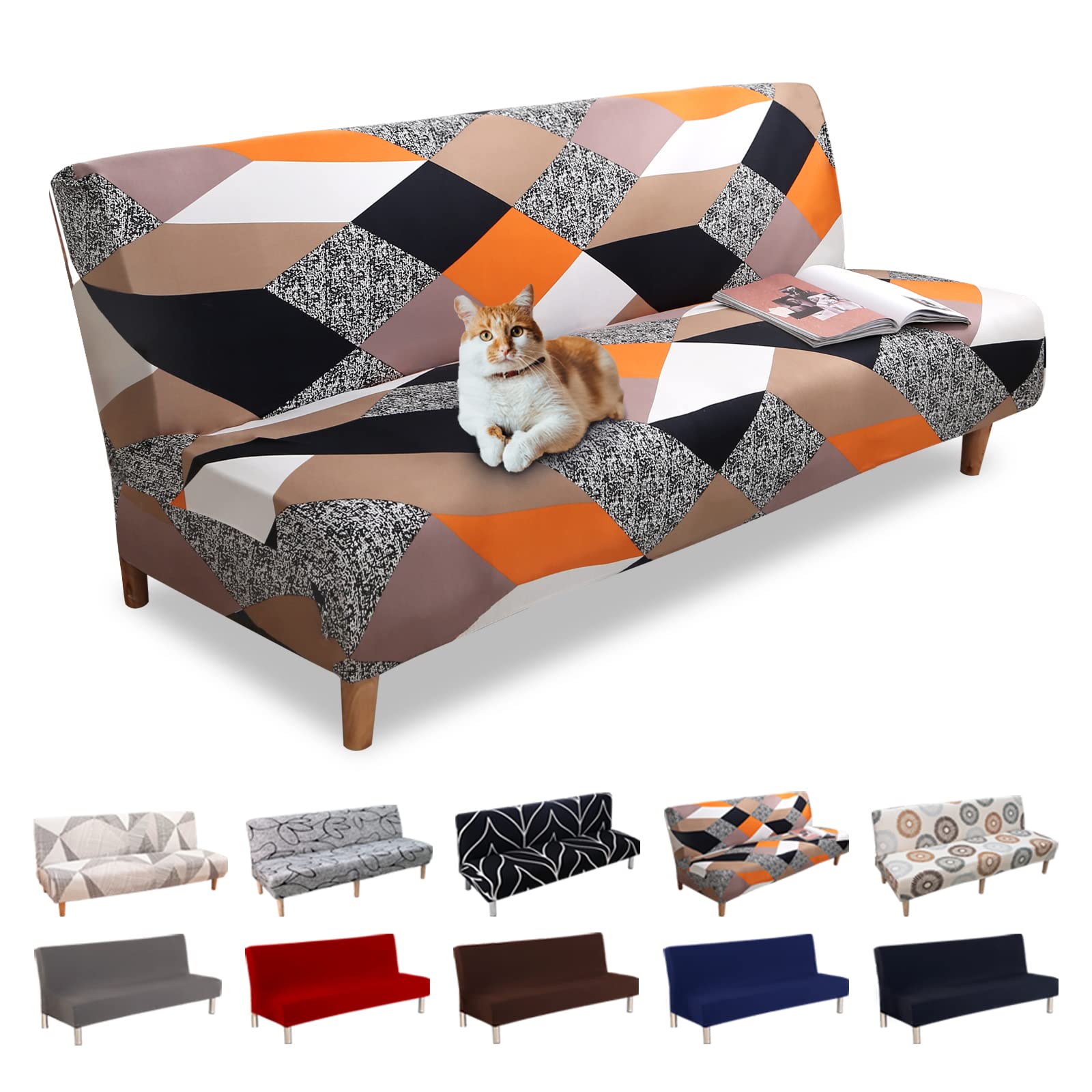 Lydevo Copridivano 3 Posti Senza Braccioli Elasticizzato Universale, Copridivano Letto Pieghevole Clic Clac Lavabile Rimovibile Estraibile, Fodera per Divano Futon per Soggiorno,Geometria Arancione