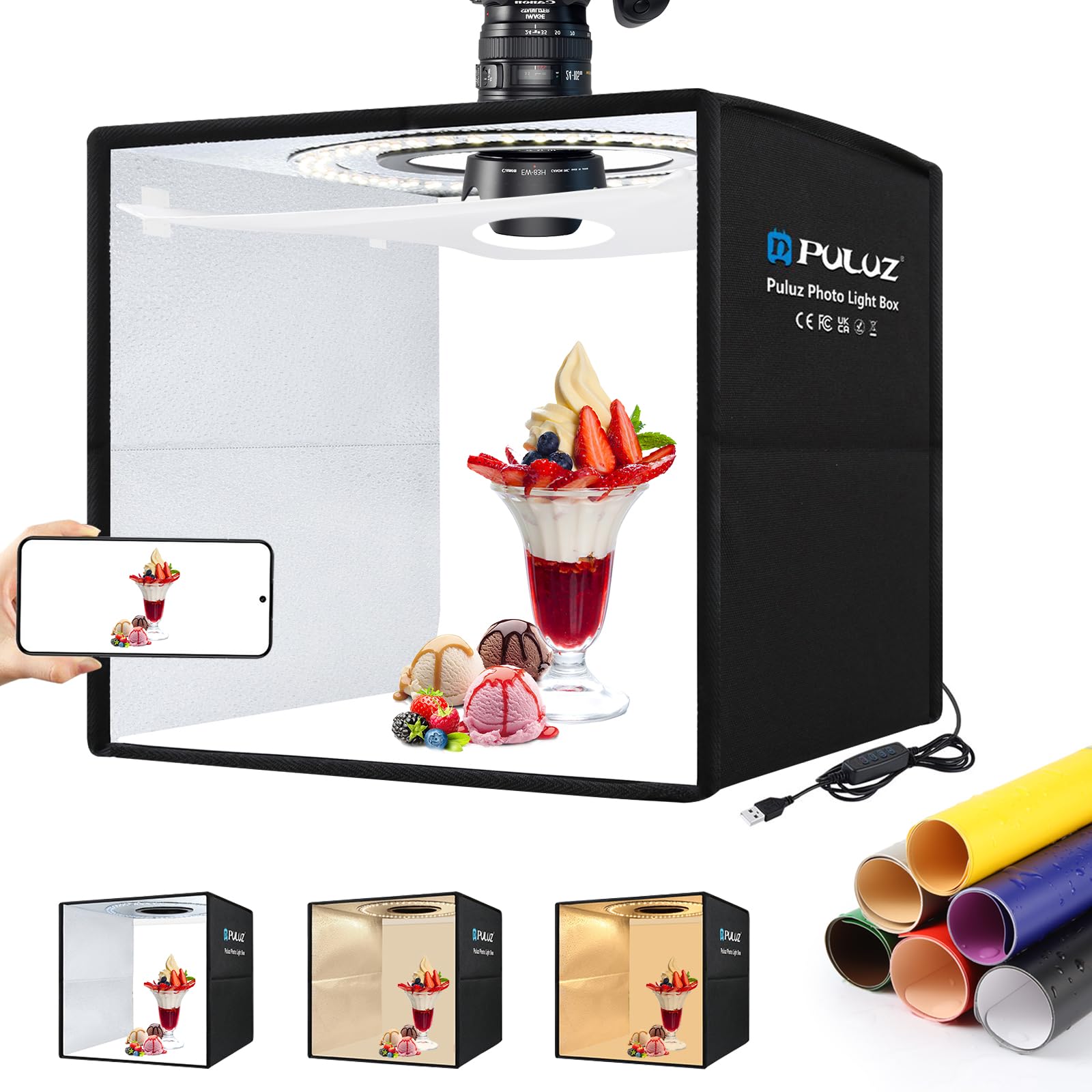 PULUZ 【25cm】3 Color Temperature, Photography Box, Photo Light Box, Portable Photo Studio Light Box, Foldable Photo Box, Soft Lighting Cloth and 12 Color Background,