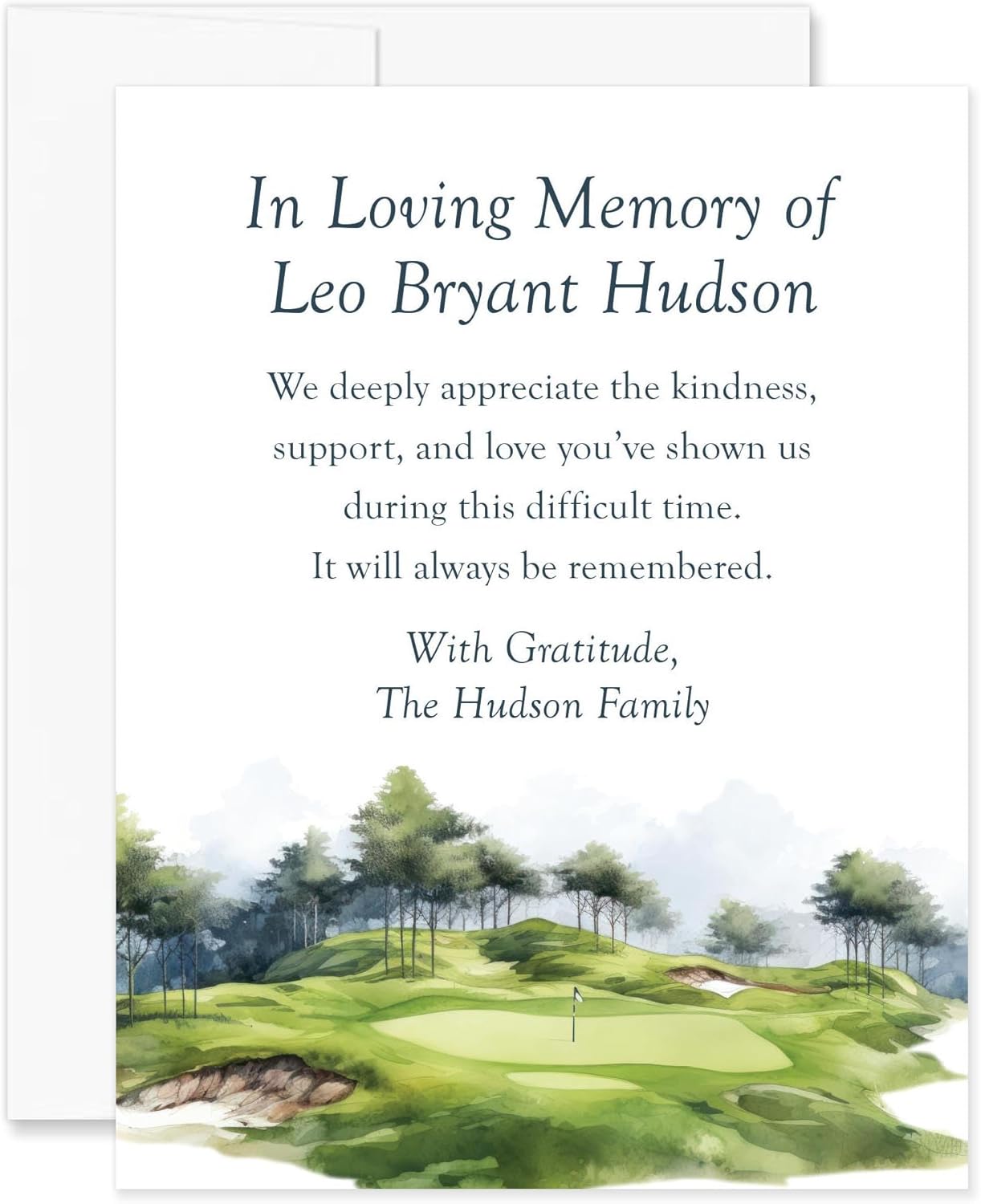 Golf Sympathy Thank You Cards, In Loving Memory Watercolor Funeral Thank You, 4.25 x 5.5 (A2) Folded Memorial Cards, Custom Name Bereavement Acknowledgement with Envelopes (Folded Card)