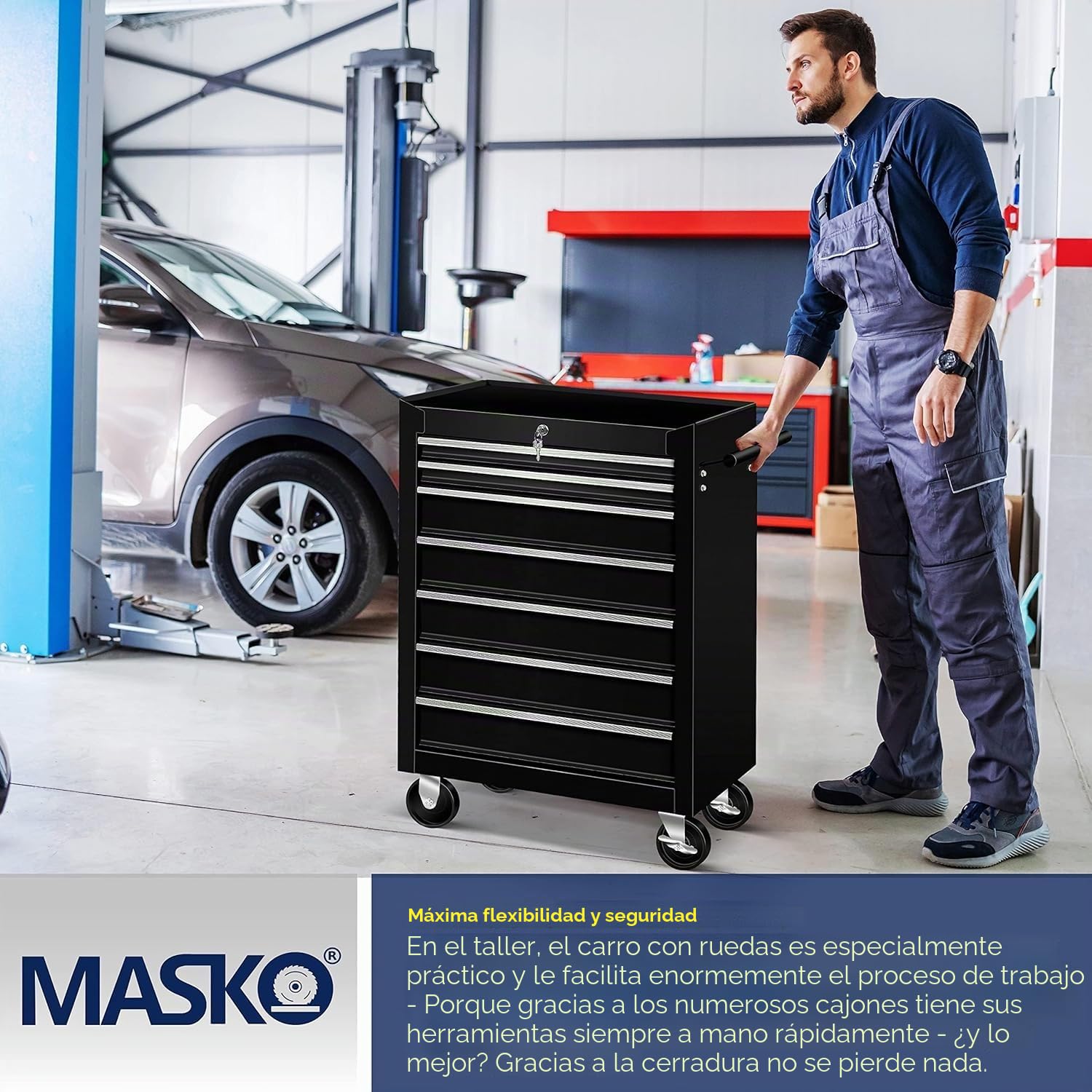 Masko® Carro de taller para herramientas, con 7 cajones, negro, metal macizo, profesional, portátil, con ruedas, bloqueable, con cerradura, no incluye herramientas