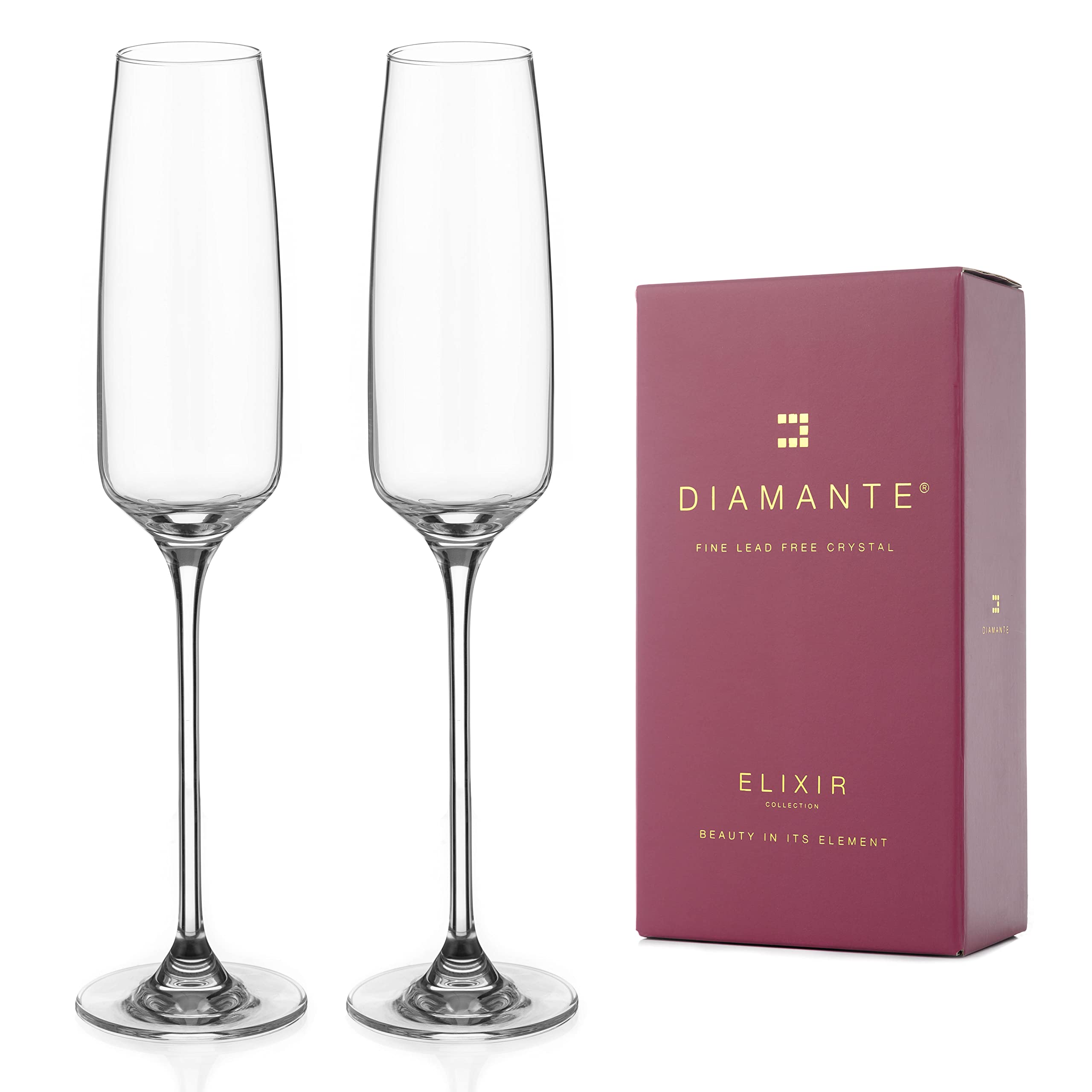 DIAMANTE Coppia di calici da champagne e prosecco con design tagliato a mano, set di 2 calici da champagne in cristallo in confezione regalo