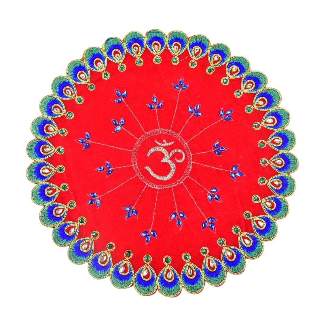 Bijasan craft Small Size Embroidered Red Om Velvet Embroidery & Stone Work 12×12 Inches God Idol Seating Pooja Mat/Aasan Cloth for Mandir Use-picture-22
