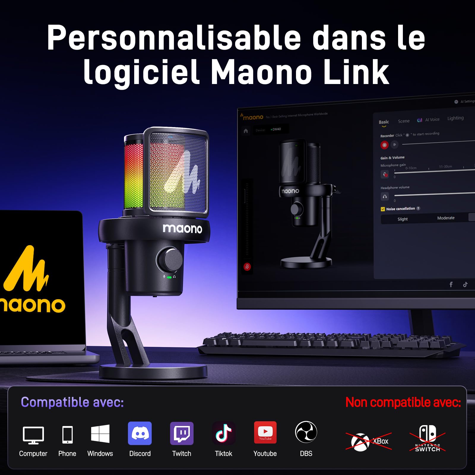 MAONO Micro Gaming sans Fil pour PC, Microphone USB avec Changeur de Voix IA, Suppression du Bruit, EQ Personnalisé, éclairage RVB Réglable pour Jeux, Podcasts, Streaming, DM40 Noir