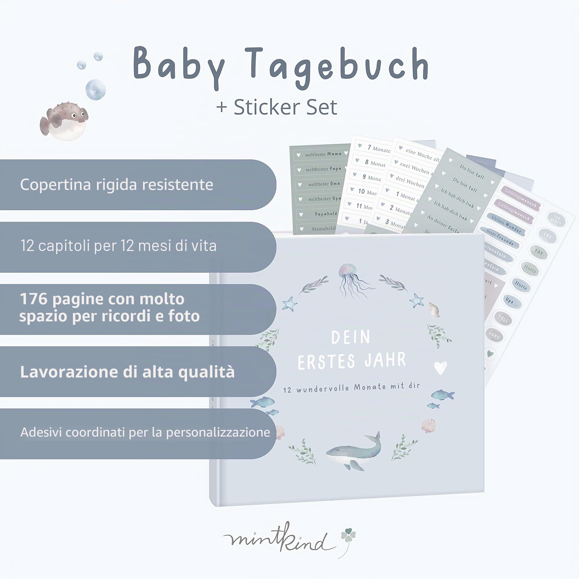mintkind Il mio primo anno di album per neonati balena blu – diario delicato con 176 pagine e set di adesivi per ricordi preziosi del primo anno di vita, copertina rigida progettata con cura 21 x 21