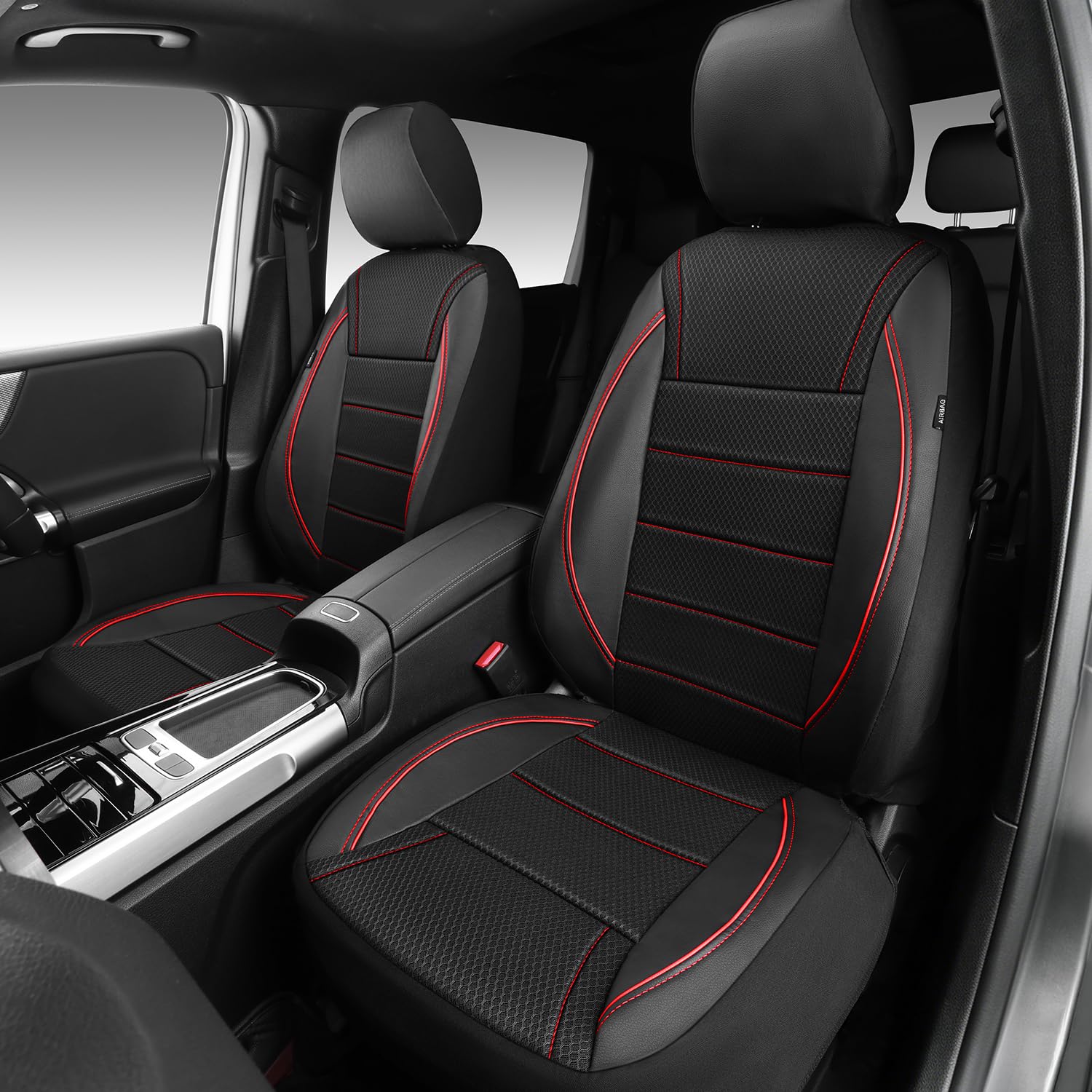 CAR PASS Air Mesh Leather Car Seat Covers Front Seats, Breathable Two Front Seat Covers for Cars, Comfortable Universal Fit for SUV Truck Sedan Automotive, Anti-Slip Airbag Compatible,Black and Red