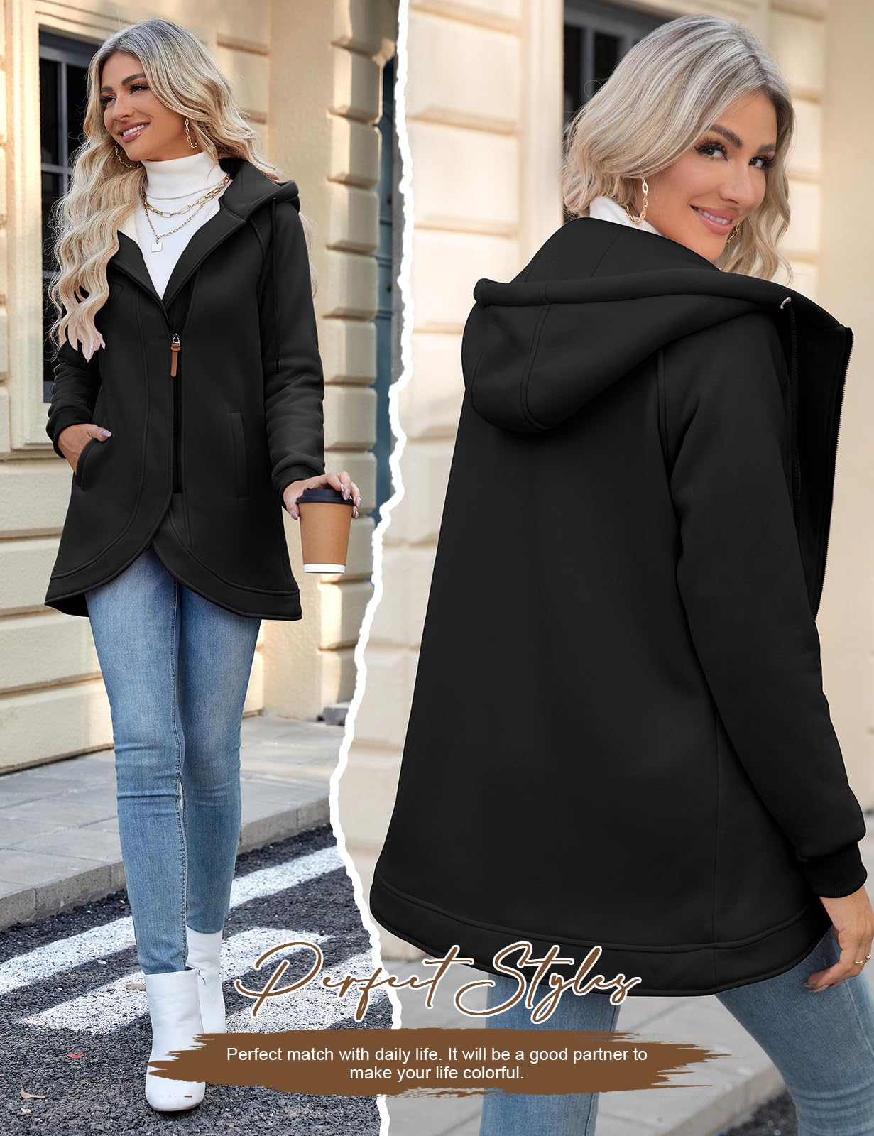 UMIPUBO Felpa Donna con Cappuccio Invernale Felpe con Zip Fodera in Pile Hoodie Sweatshirt a Manica Lunga Caldo Lungo Giacca con Tasche Cotone Termica Cappotto Pullover