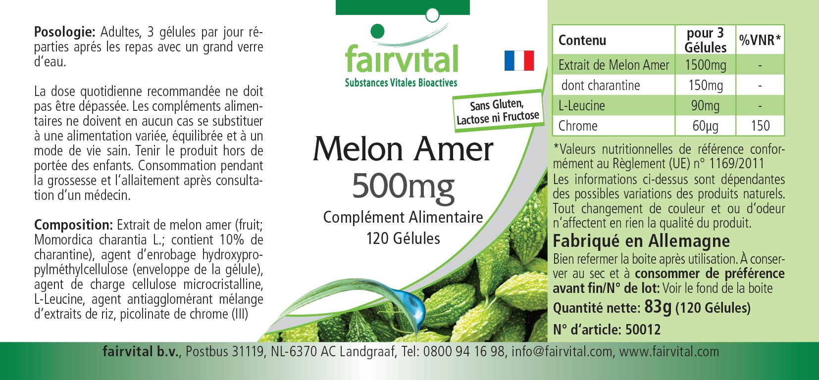 fairvital Melón amargo, 120 cápsulas, con 500mg de extracto de melón amargo y 20µg de cromo por cápsula, ALTA DOSIS, VEGANO, con un 10% de charantina