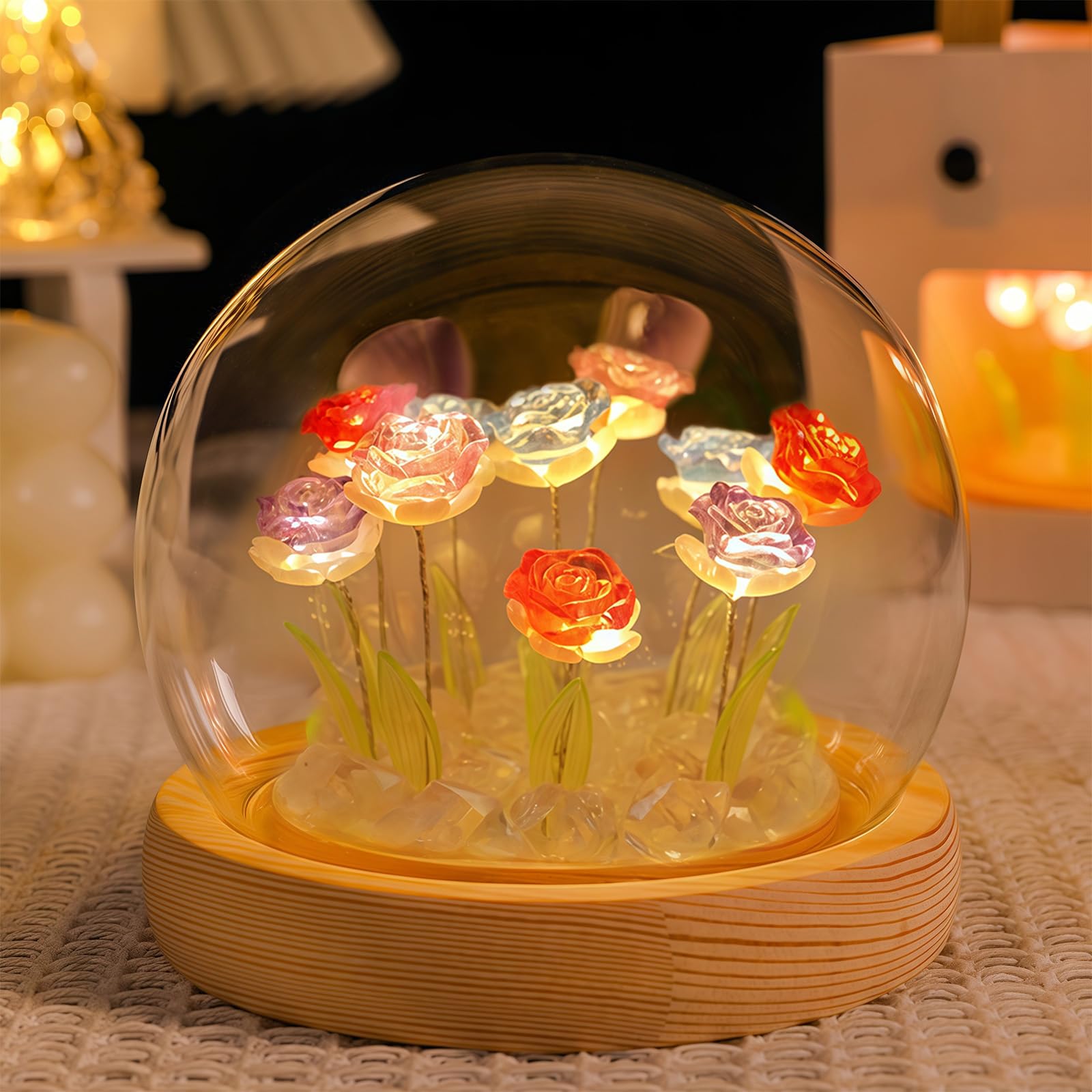 AWSOLAR Farbenfroh Rose Nachtlicht, 10 LED Forever Lampe Rosa in Glaskuppel, Blume Geschenk Für Geburtstage, Valentinstag, Muttertag, Weihnachten