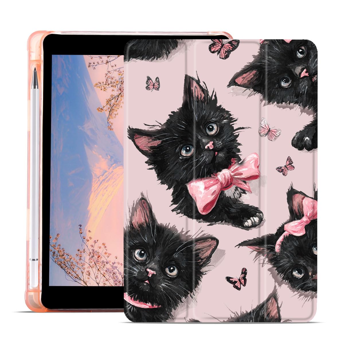 Cute Animal Case for iPad Air 11" M3/M2(2025/2024) for iPad Air 5th/4th Gen 10.9" 2022/2020 Aesthetic Kitty Cat Protective Cover Trifold Stand Pink Leather Soft Back with Pencil Holder