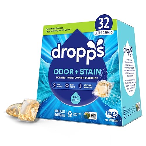 Dropps Odor & Stain Biobased Power Laundry Detergent Pods, Crisp Breeze (32 Pods) - HE Compatible Laundry Pods for Fresh Clothes - Laundry Soap Supplies & Recyclable Paperboard Packaging - Crisp Breeze - 32 Count (Pack of 1)