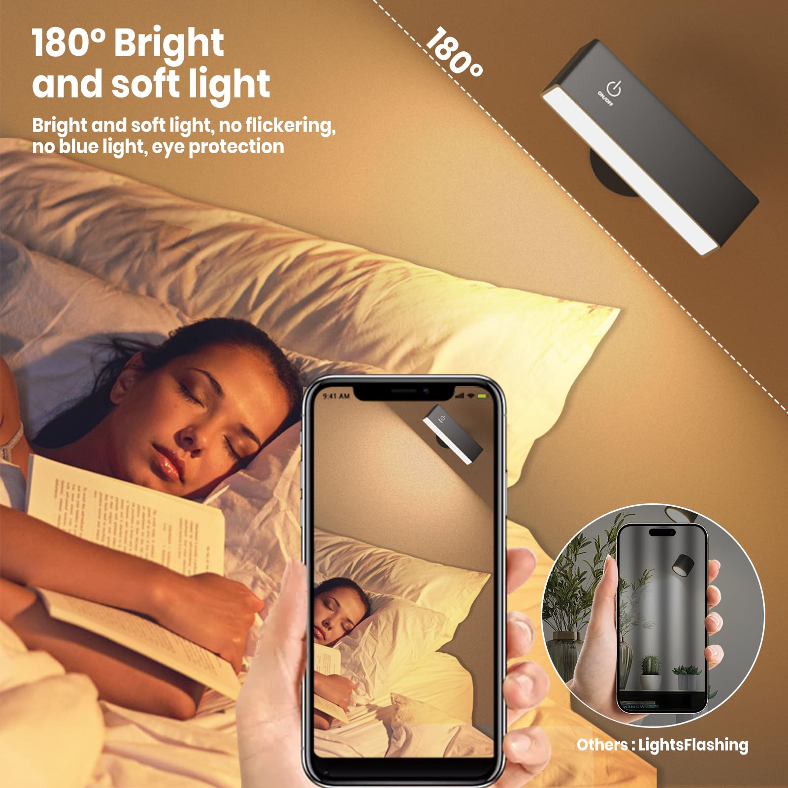 YiLaie 2 Pezzi Applique LED da Parete Interno, Lampada da Parete a LED Moderna con Ruotabile a 360°, Magnetica, Controllo Touch, Lampada Senza Fili, Lampada a Batteria, Applique Camera da Letto