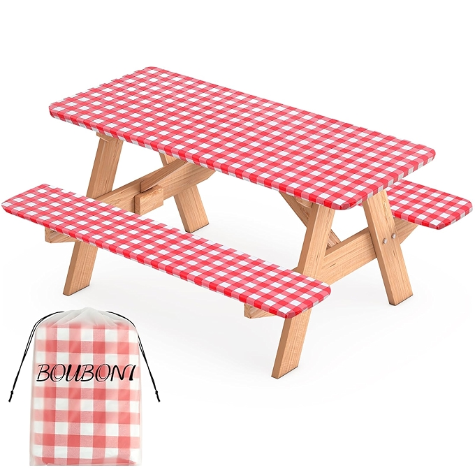 BOUBONI 3件套野餐桌布套装（带长凳罩和收纳袋）户外露营红格格款