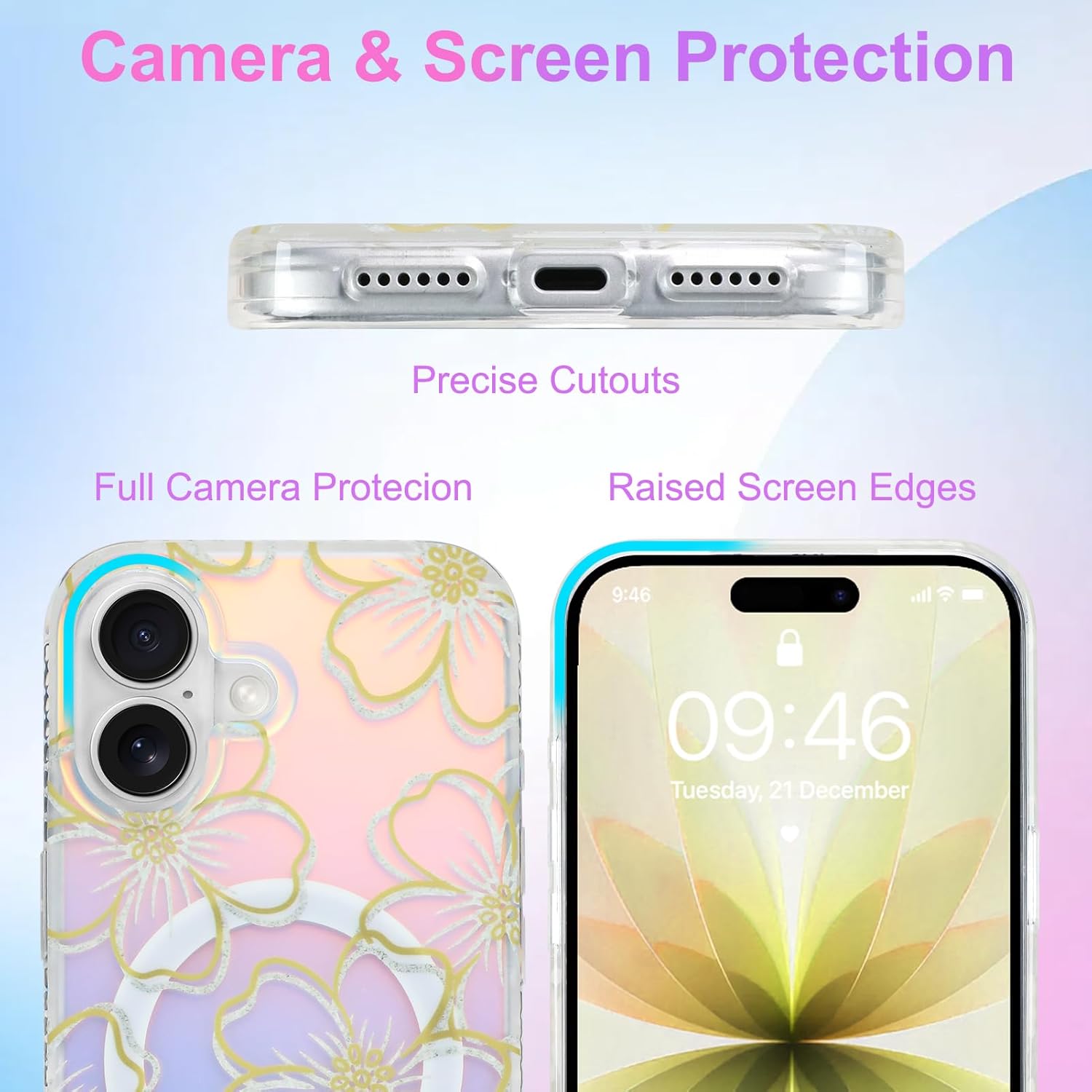 Iridescent Floral Case for iPhone 17, Compatible with MagSafe, Cute Flower Glitter Shiny Laser Design, Shockproof Protective Phone Cover for Women Girls, Line Flower