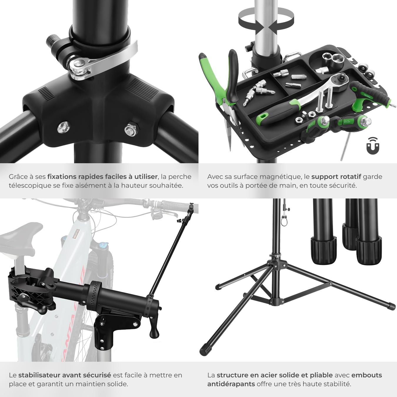tectake® Set de Support Velo Pieds d'atelier & Sacoche velo, Montage Entretien Reparation VTT Vélo électrique Velo de course, Support pour Outils, Charge max. 50kg Réglable Pliable 138x120x117-180 cm