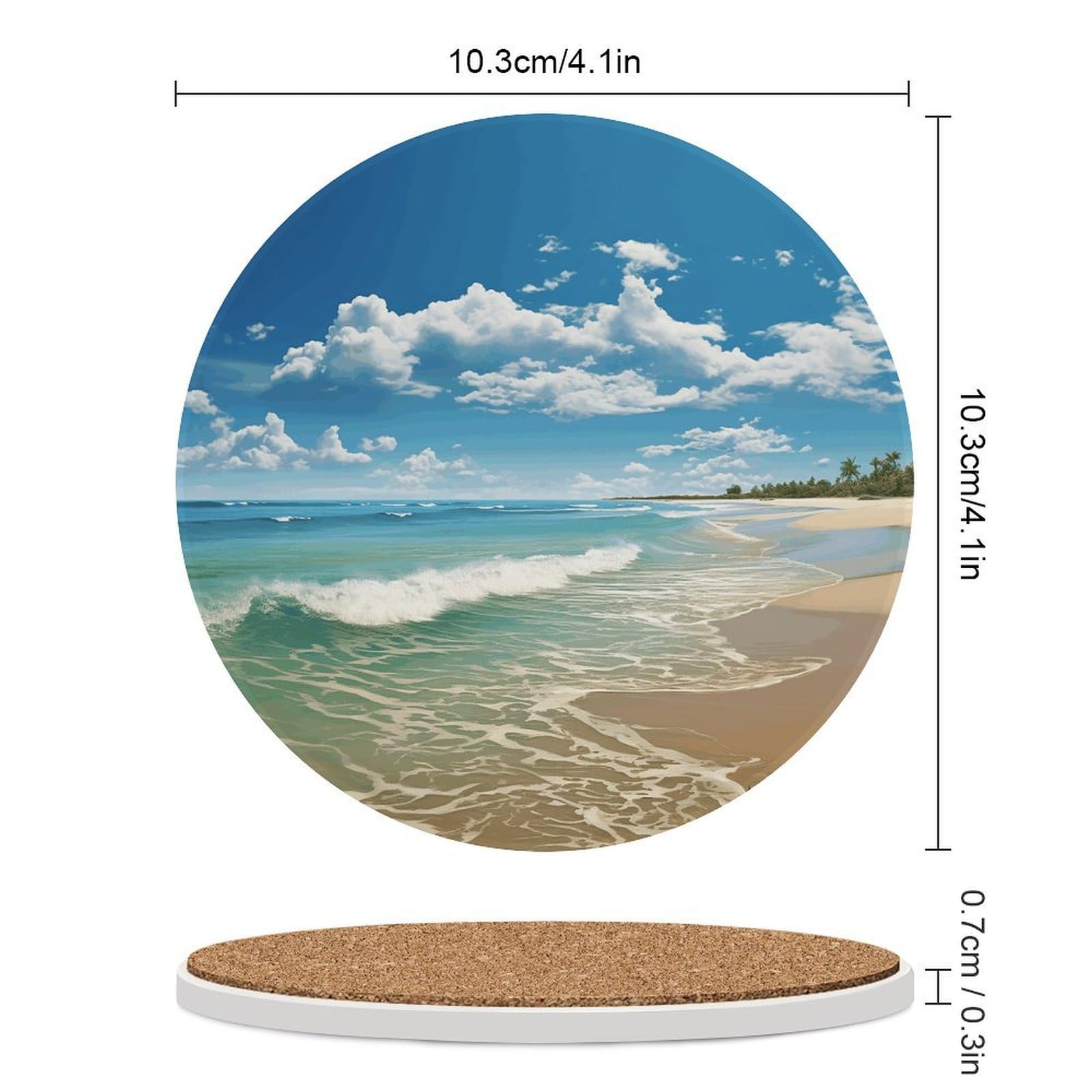 Sandy Beach podstawki pod napoje z uchwytem na stolik kawowy, ceramiczna podstawka z podstawą korkową, ceramiczna podstawka do mrożonych zimnych lub gorących napojów, 10 cm