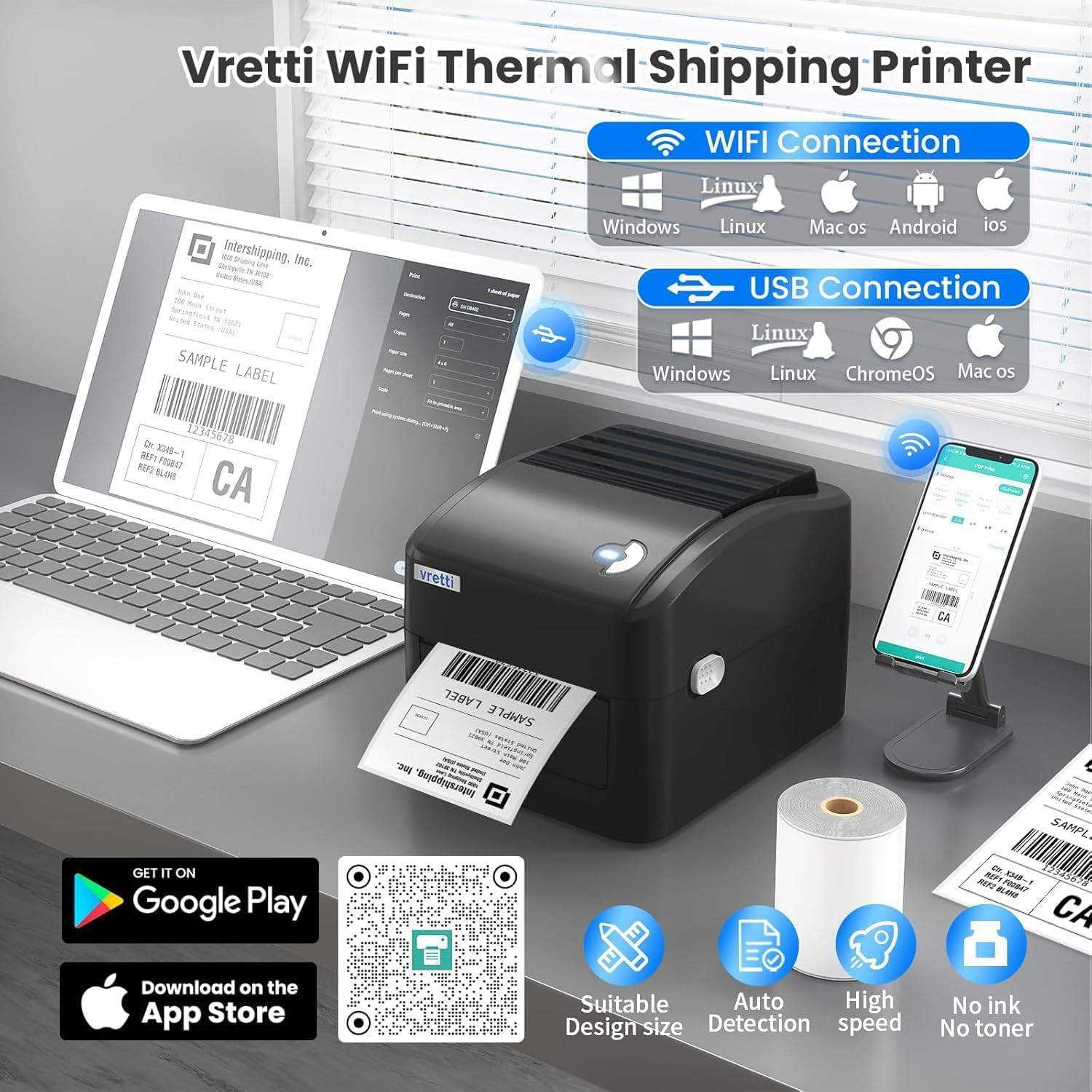 vretti WiFi Etikettendrucker 4x6,WLAN Shipping Label Printer mit Papierfach