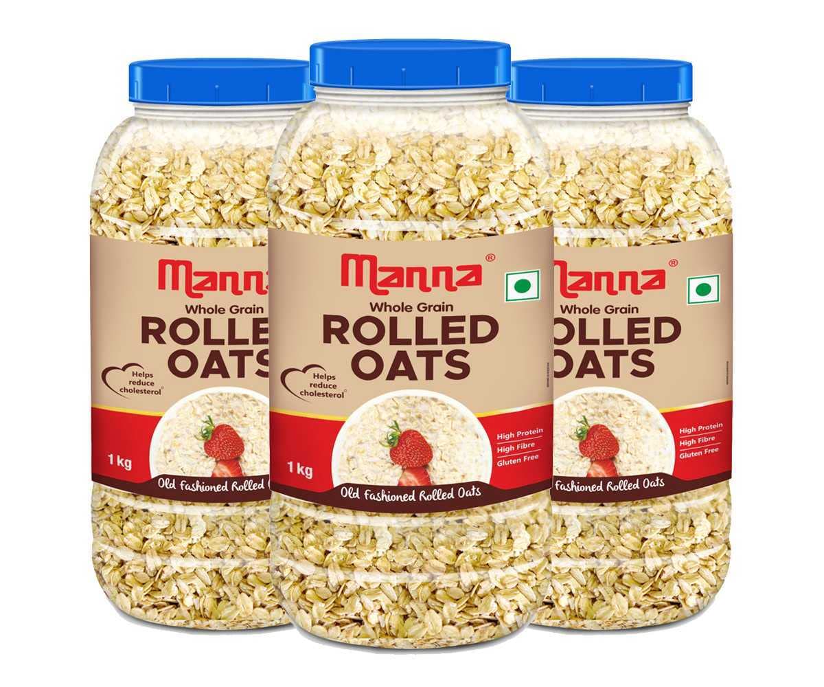 Manna Rolled Oats 3kg, High Protein, High Fibre. Gluten Free Wholegrain 1kg (Pack of 3)