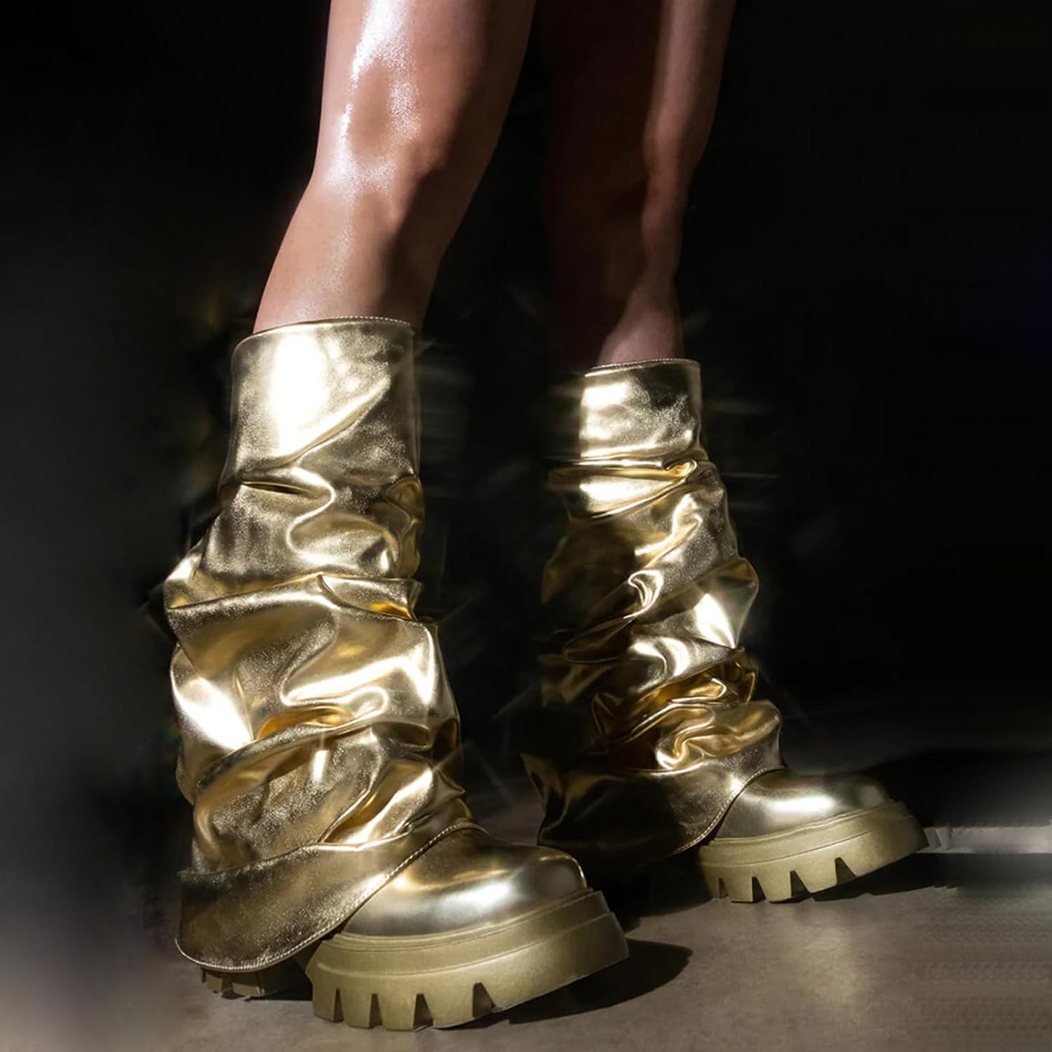 Yishaweiqi Slouched Ruched Fold Over Boots for Women Wide Calf Platform Chunky Heel Mid Calf Shark Boots - Image 2