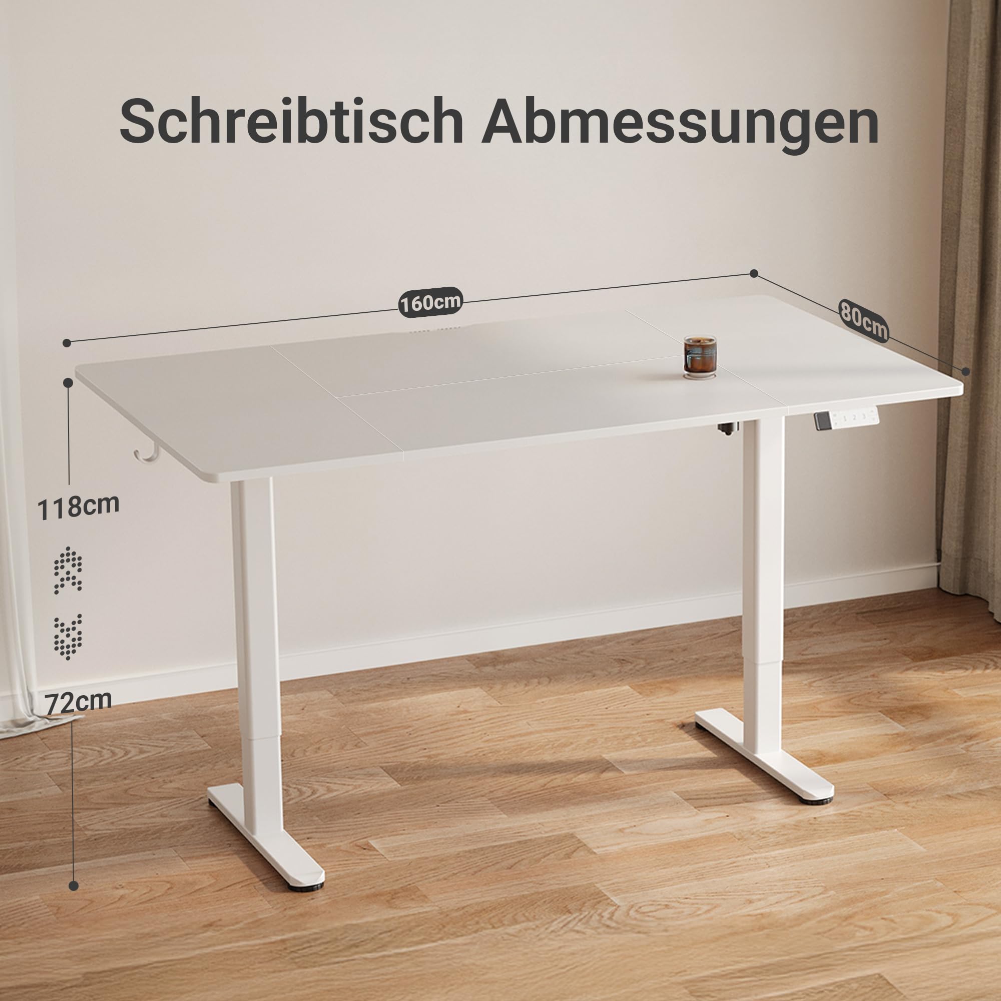 Claiks Schreibtisch Höhenverstellbar Elektrisch, Höhenverstellbarer Schreibtisch 160x80 cm, Standing Height Adjustable Desk, Weiß Gestell/Weiß Oberfläche