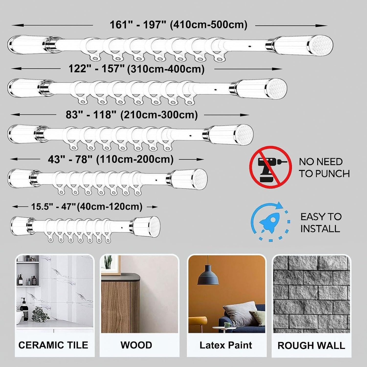 Tringle de Douche 0,4m à 5m Oscillant, Titre Pliable en Tension sans Percage pour Robinet, Cadre Pliable Flexible Extensible pour Rideau ou Volets en Verrou Can, Black, 2.1m-3m