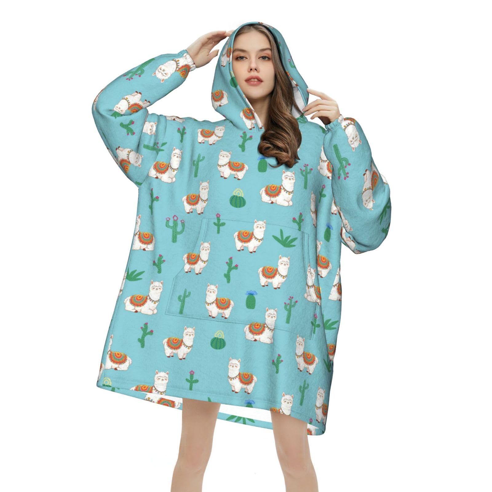 Alpaca Gifts Wearable Blanket Oversized Cute Blue Blankets Cozy Hoodie For Adults Sweatshirt Sweater Throw With Pocket