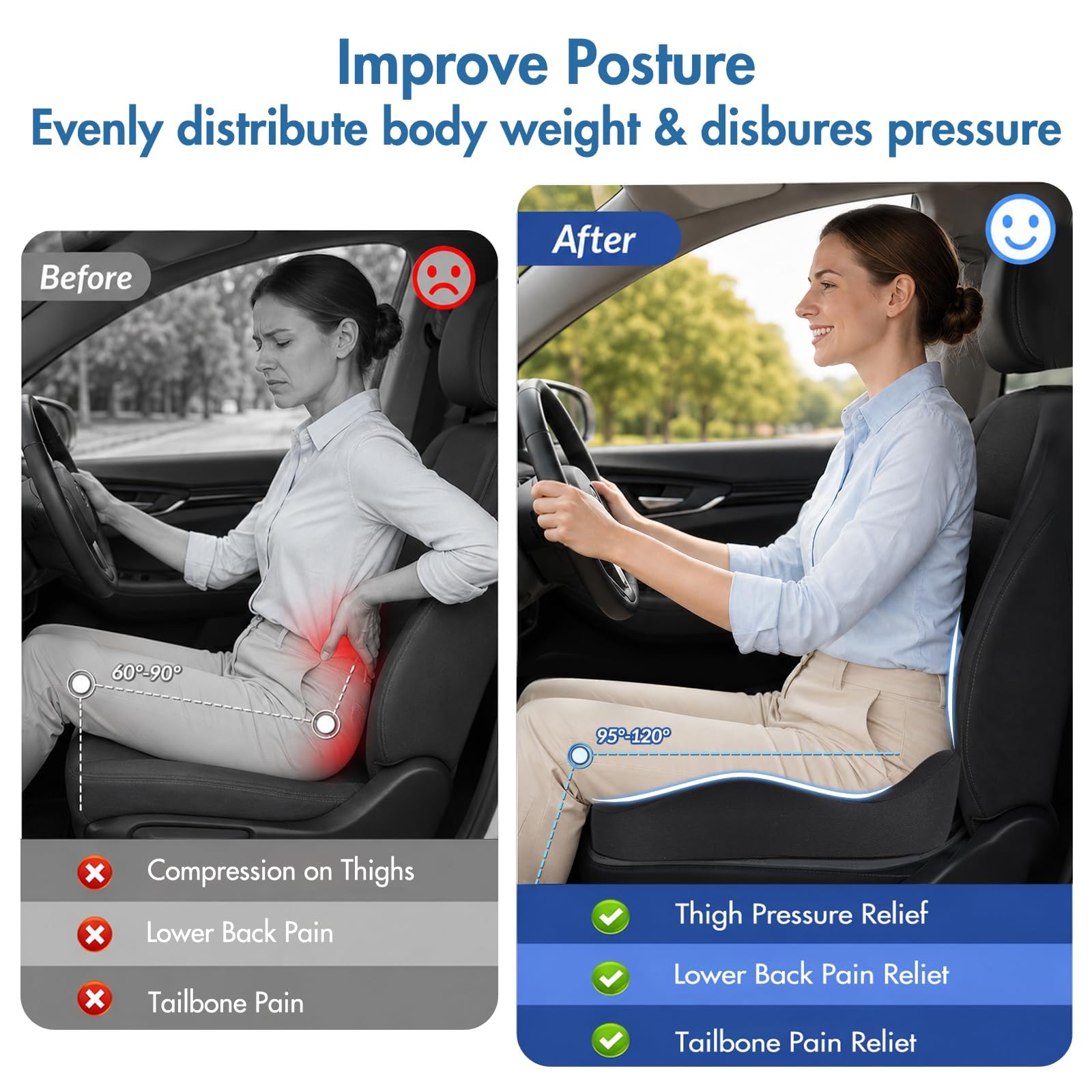 Cuscino per seggiolino auto, ergonomico, in memory foam, per alleviare il dolore alla sciatica, cuscino per sedile di guida più grande per guidatori corti su lunghi viaggi in auto, camion, ufficio