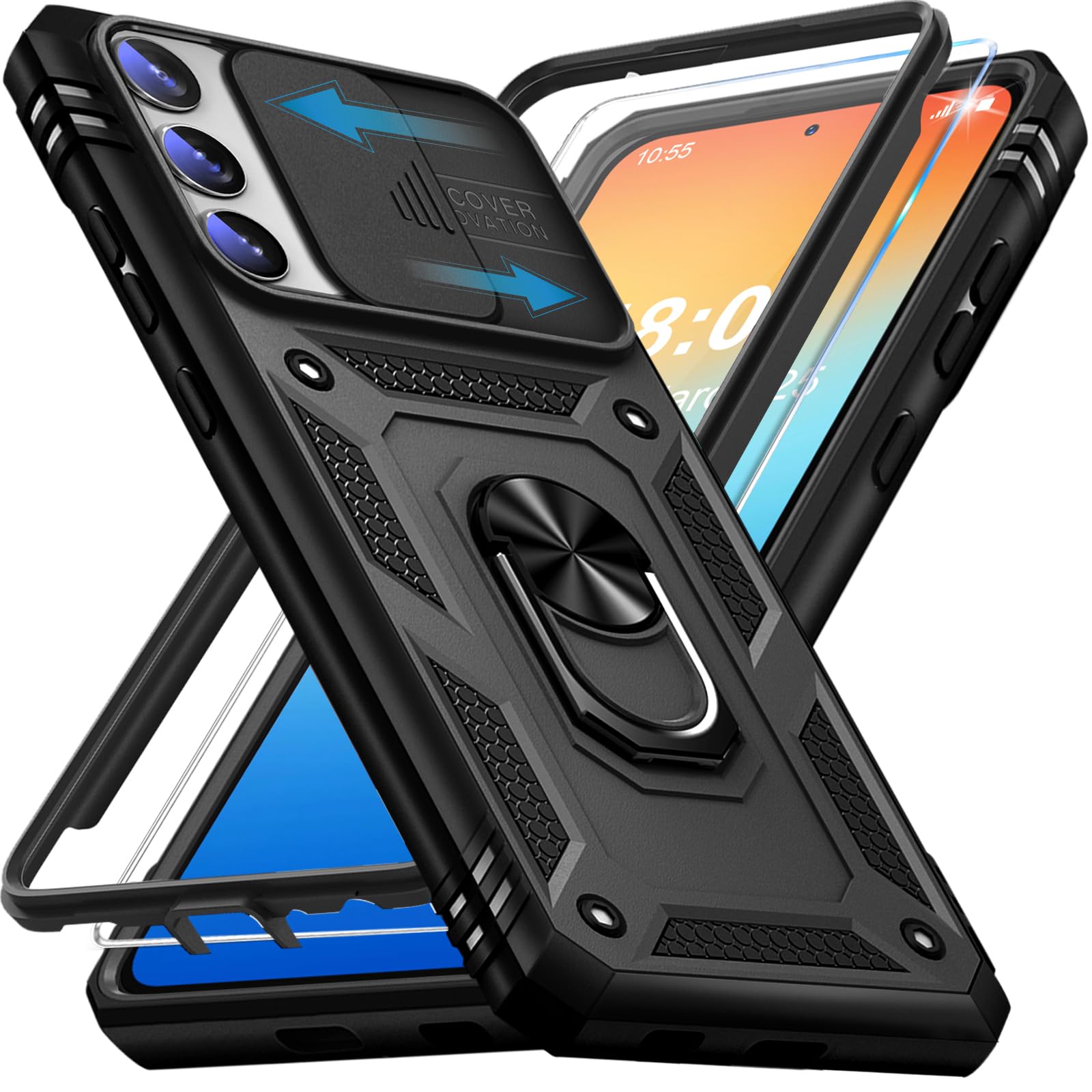 Giyer Handyhülle für Samsung Galaxy S23 5G Hülle mit Schutzfolie, Galaxy S23 5G Schutzhülle mit Kameraschutz 360° Drehbarer Metall Ring Ständer Stoßfest Bumper S23 5G 6.1