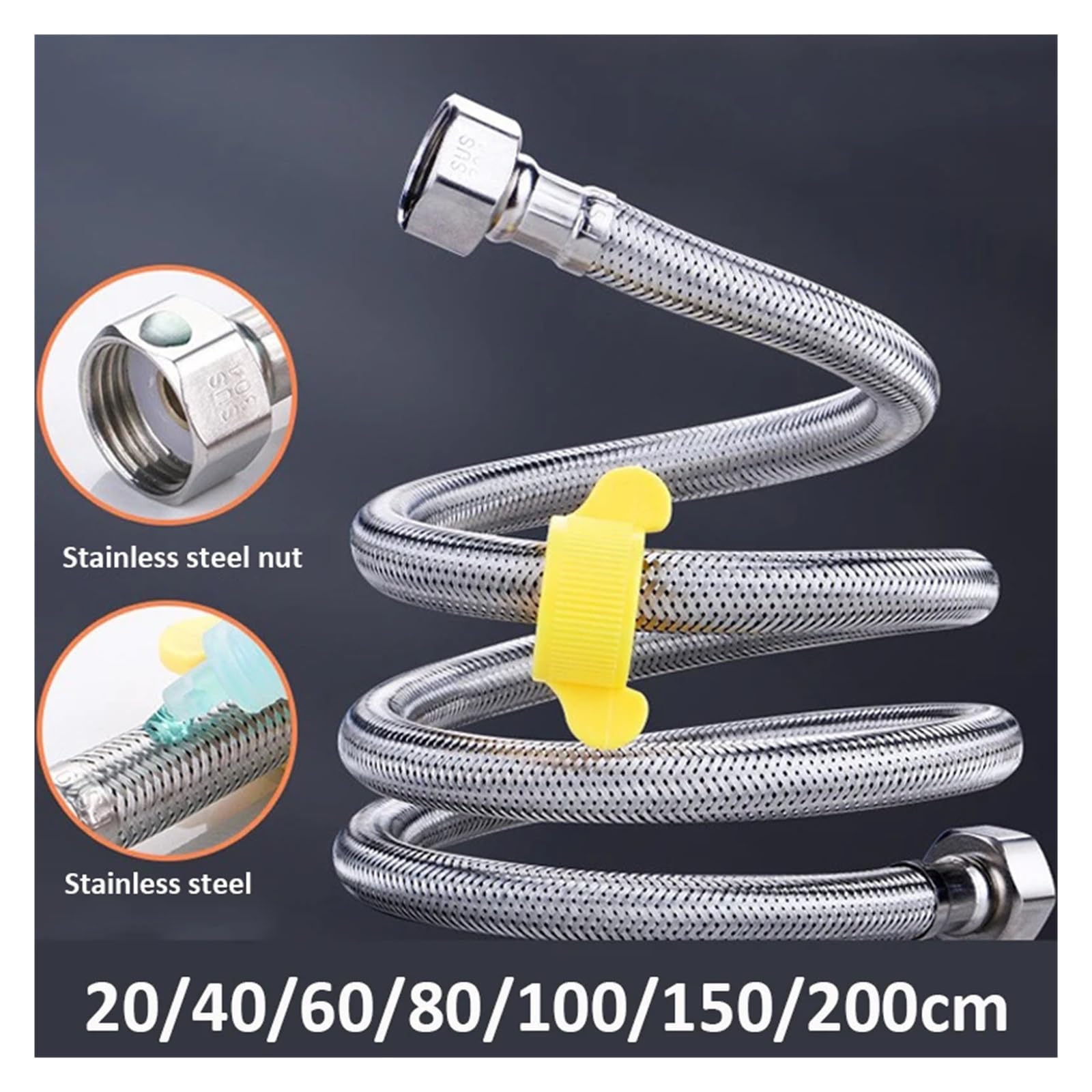 1 tubo flessibile di ingresso dell'acqua del rubinetto G1/2" da 20/60/80/100/150/200 cm, collegamento intrecciato in acciaio inossidabile, caldo e freddo(SUS nut silver,20cm)