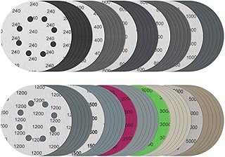 60 Pack Wet Dry Sandpaper, iNUREYE 5 Inch 8 Hole Sanding Disc, 240 400 600 800 1000 1200 1500 2000 3000 5000 Assorted Grit Hook and Loop Sandpaper for Random Orbital Sanders (240-5000 Grit)