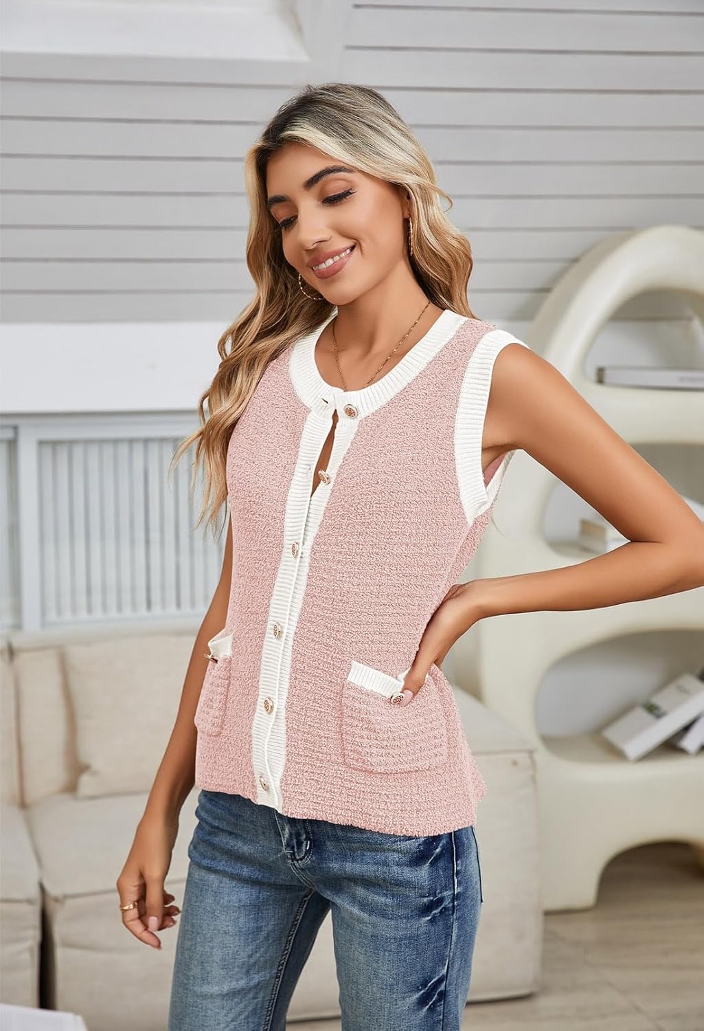 Pink Queen Women's Sweater Vest 2025 Sleeveless Knit Crewneck Button Down Tank Tops Fashion Casual Loose Cardigans - Image 3