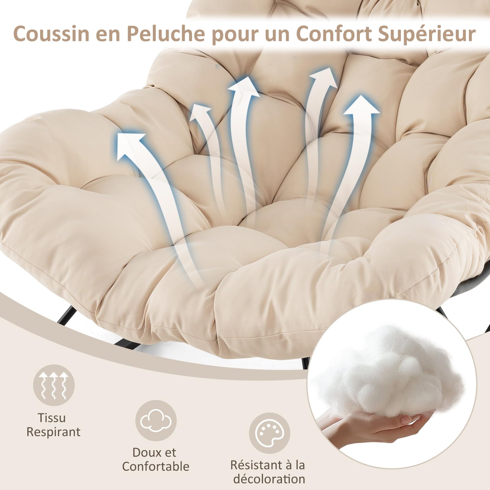 RELAX4LIFE Fauteuil à Bascule de Jardin, Chaise Papasan avec Coussin et Cadre en Métal pour Intérieur et Extérieur, Charge 205KG pour Chambre Salon Porche Jardin Terrasse (Beige)