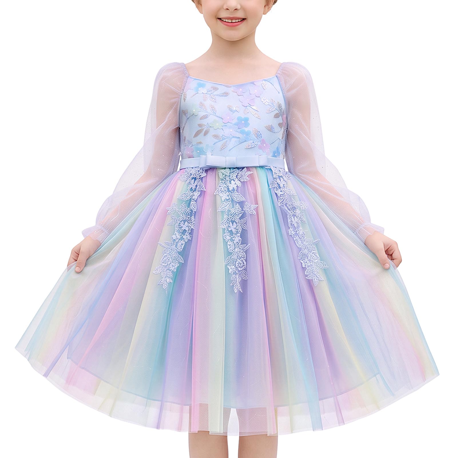 OBEEII Mädchen Prinzessin Langarm Regenbogen Party Tüll Kleid