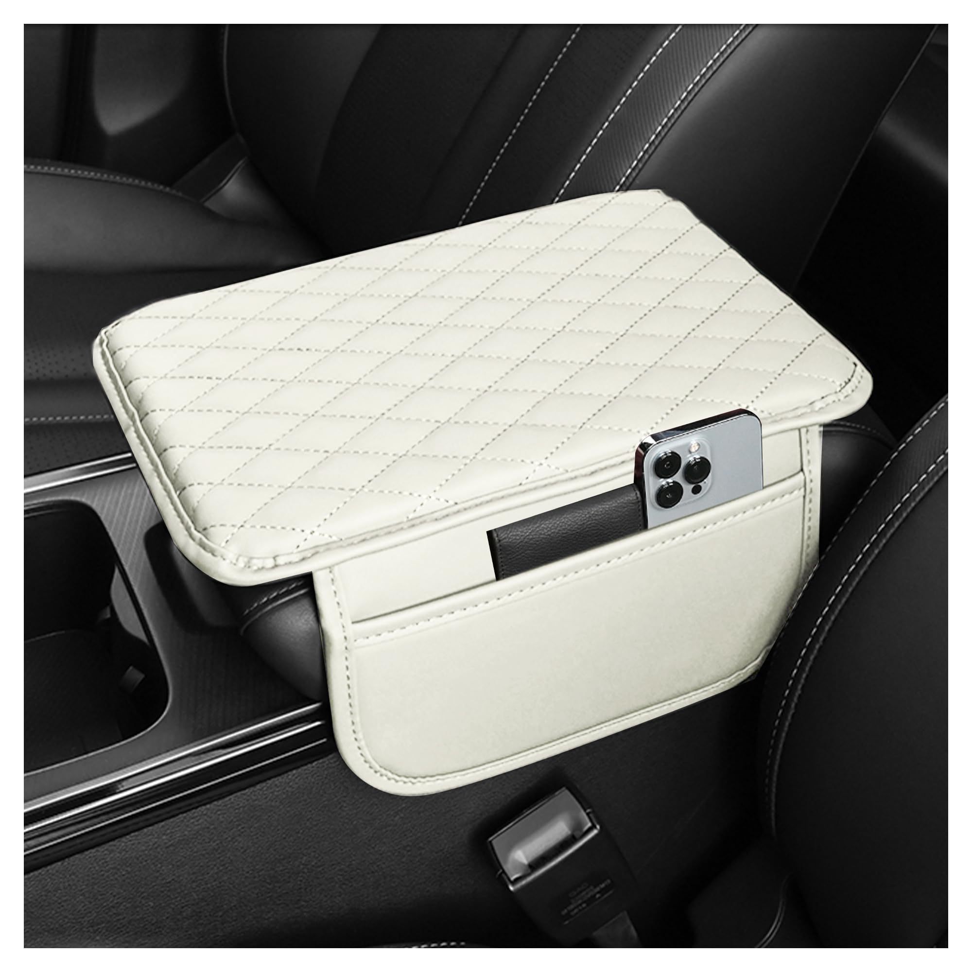 Upgraded Car Center Console Cover,Microfiber Leather Car Armrest Cover Cushion with 2 Storage Bags,Universal Car Armrest Storage Box Car Interior Accessories for Most Vehicles (Pearl White)