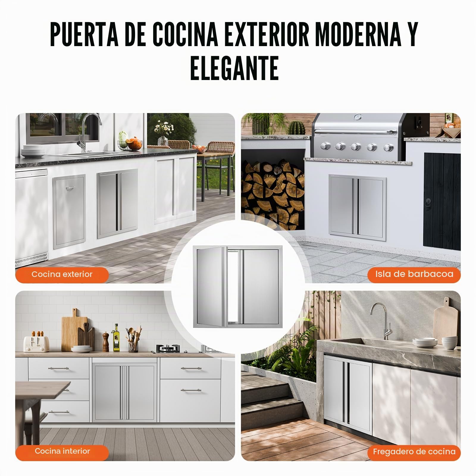 VEVOR Acceso a Barbacoa 660 x 610 x 45 mm, Cocina Exterior Doble Puerta Empotrada de Acero Inoxidable Con Manija para Isla de Barbacoa, Estación de Parrilla, Armario Exterior