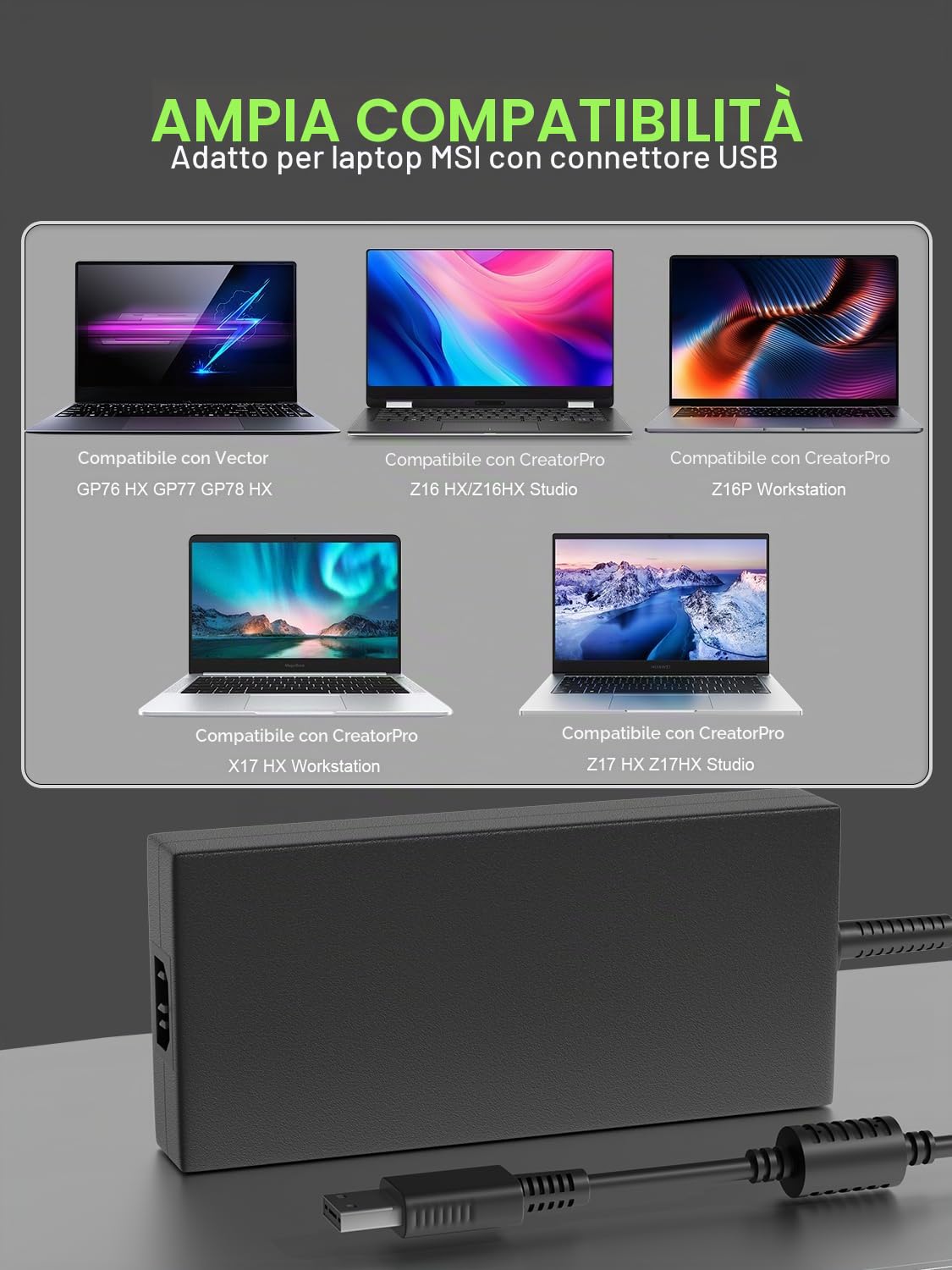 Caricatore 240W Compatibile Con MSI GE76 GE66 Raider Vector GP77 GP76 GP66 Leopard Alpha 17 Creator Pro 16 A16 Z17 Z16P Z16 HX Studio Stealth GS77 A16 17 WE76 Laptop Alimentatore
