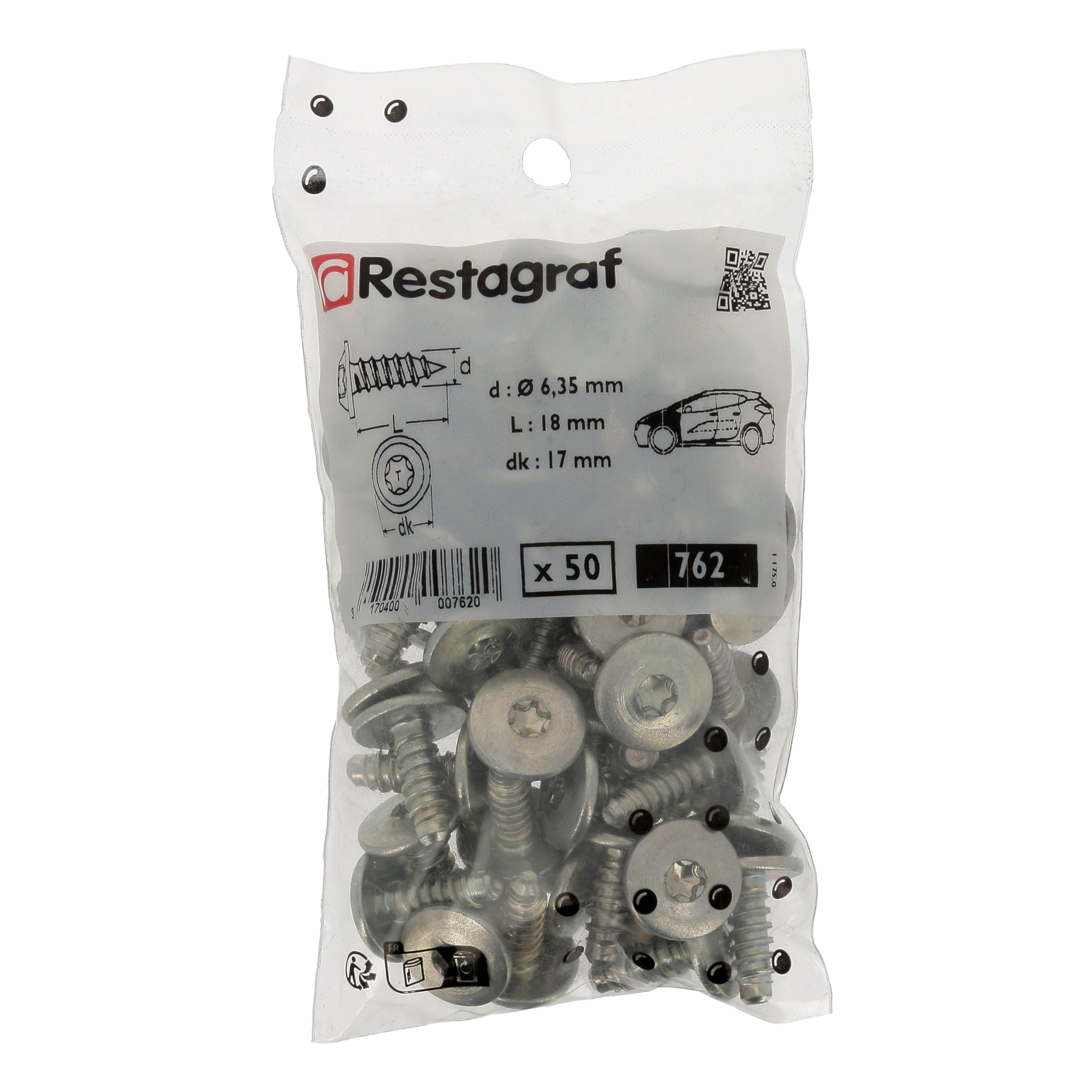 Restagraf - Tornillo cilíndrico abultado Torx Grande - Acero - Largo 18 mm. Ref. 762 - Compatible con Renault Master II, SAFRANE, Scenic, Super Cinq – Bolsa de 50
