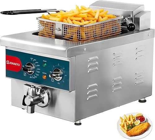 JOHAKYU Freidora comercial de 6L con canasta, freidora eléctrica con temporizador, drenaje, cabezal de freidora oscilante, freidora eléctrica de 120