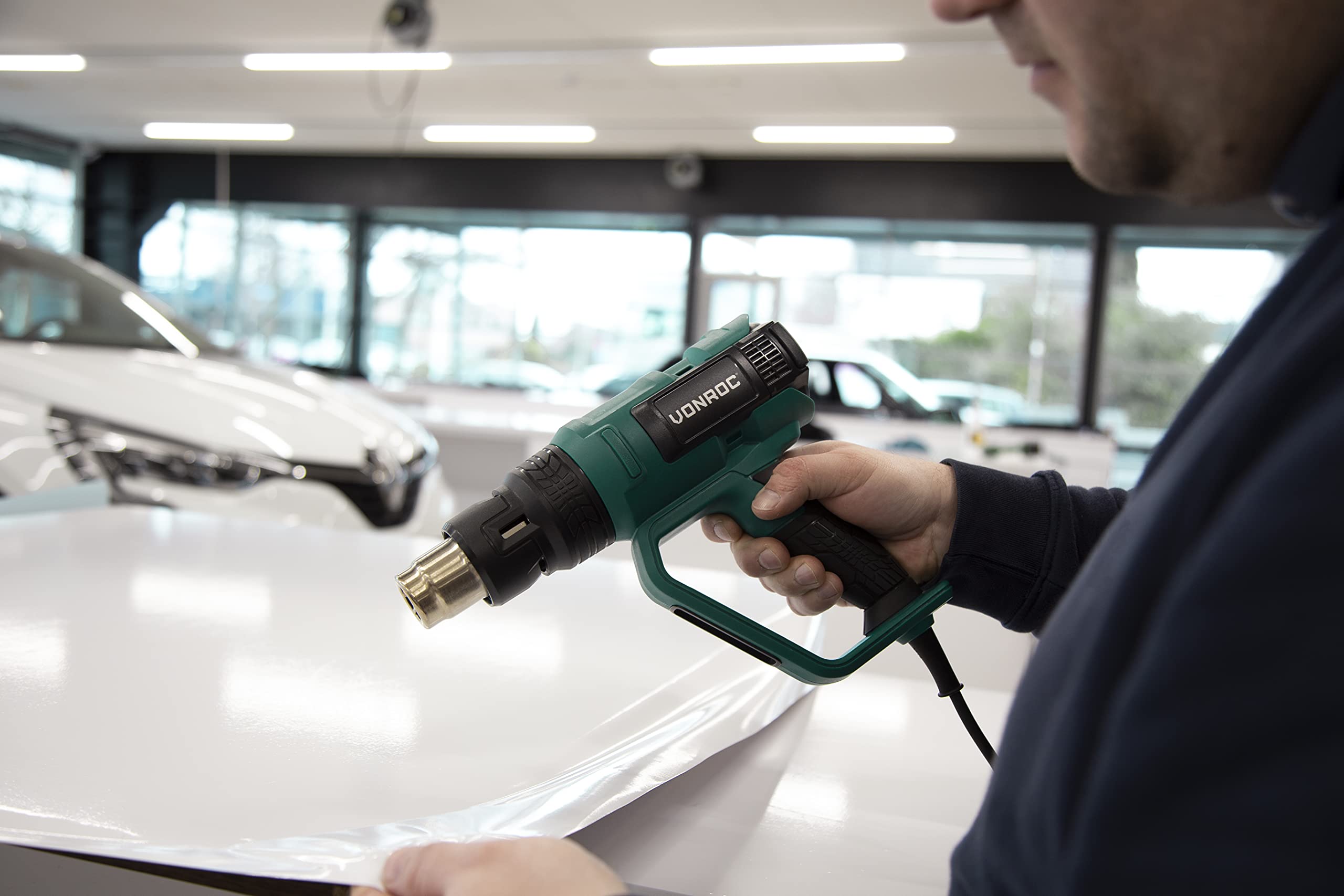 VONROC Décapeur Thermique Professionnel - Pistolet à Air Chaud 2000W – 60 Températures, 5 Positions Débits d'Air – Revêtement Véhicule, Séchage Peinture, Accélérer Fixation - 4 Buses Incluses