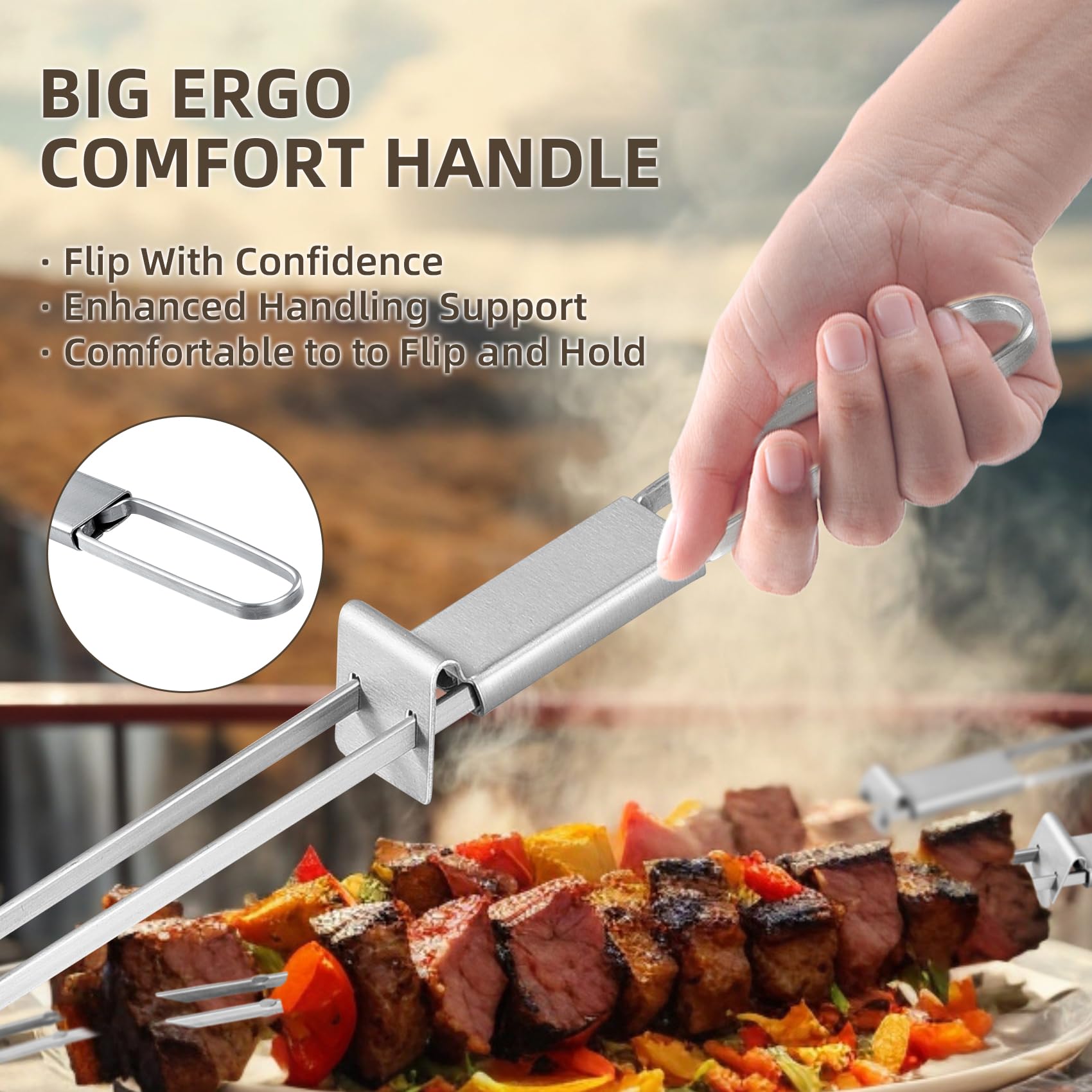 Spiedini per kebab da 33 cm, in metallo, per kebab, con barra di spinta, per grigliare, doppia forchetta, spiedini anti-rollio, in acciaio inox, piatti e lunghi, per carne, verdura, 12 pezzi
